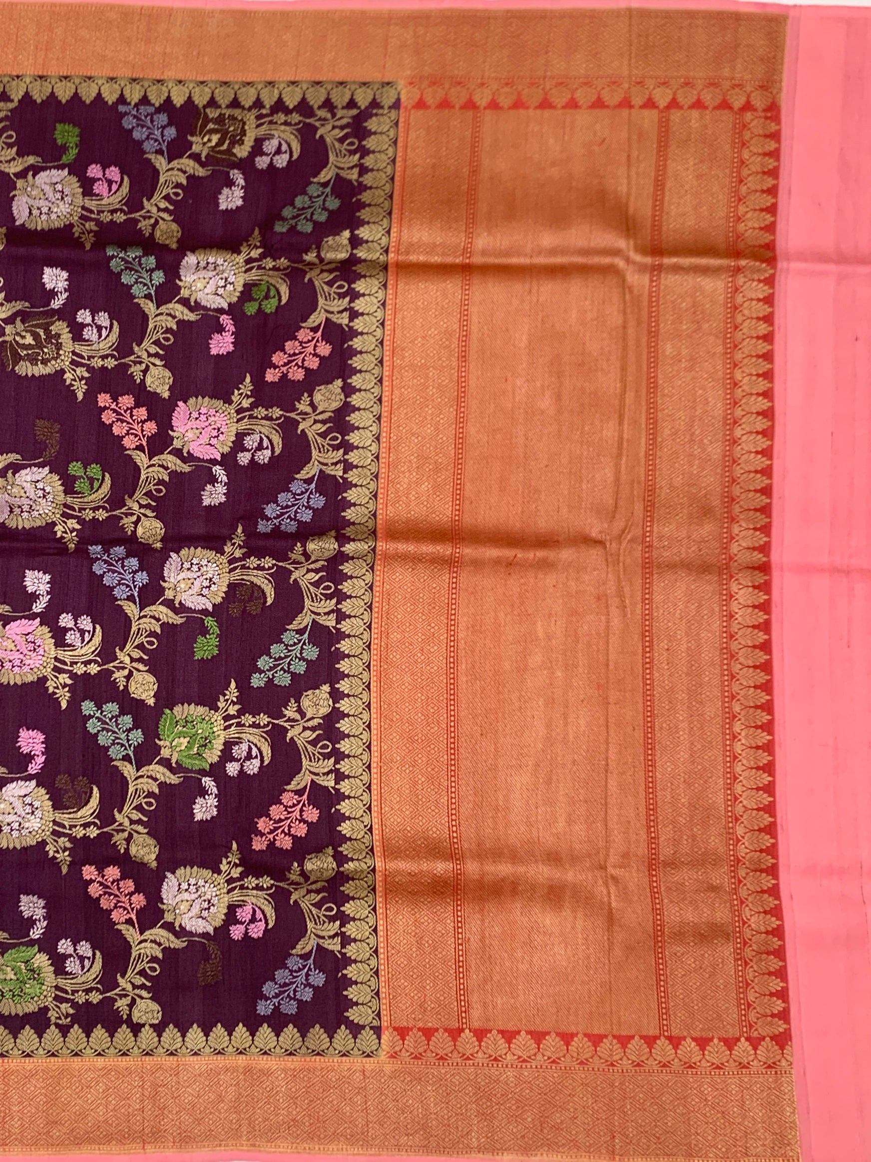 Rich Plum Tussore Georgette Saree with Meenakari Florals and Copper-Peach Pallu
