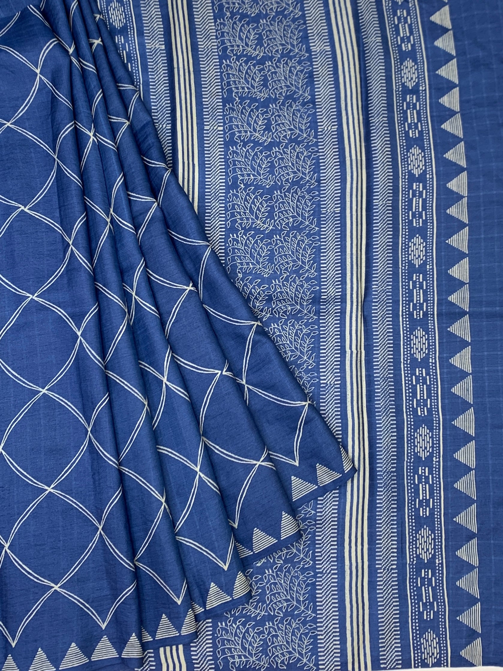 Royal Blue Tussore Saree with Geometric & Tribal Block Prints