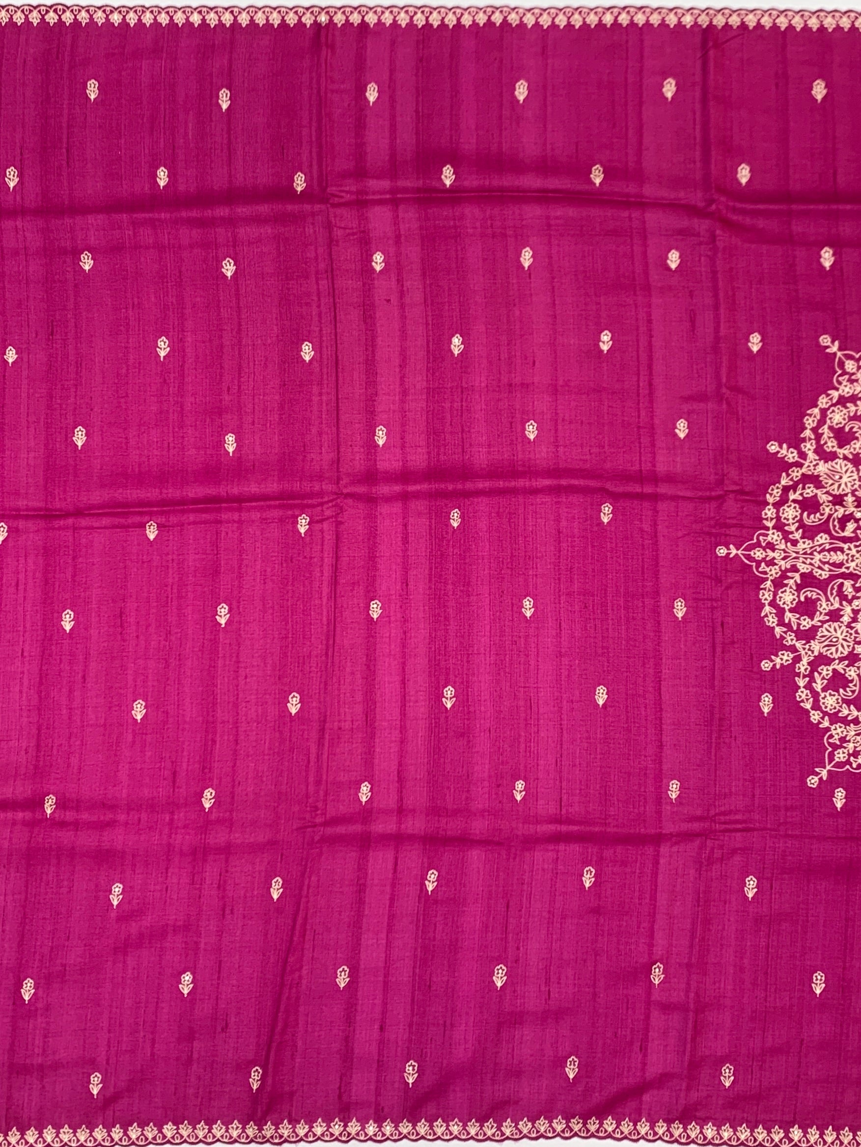 Magenta Rani Pink Tussore Silk Saree with Bird & Floral Mandala Embroidery