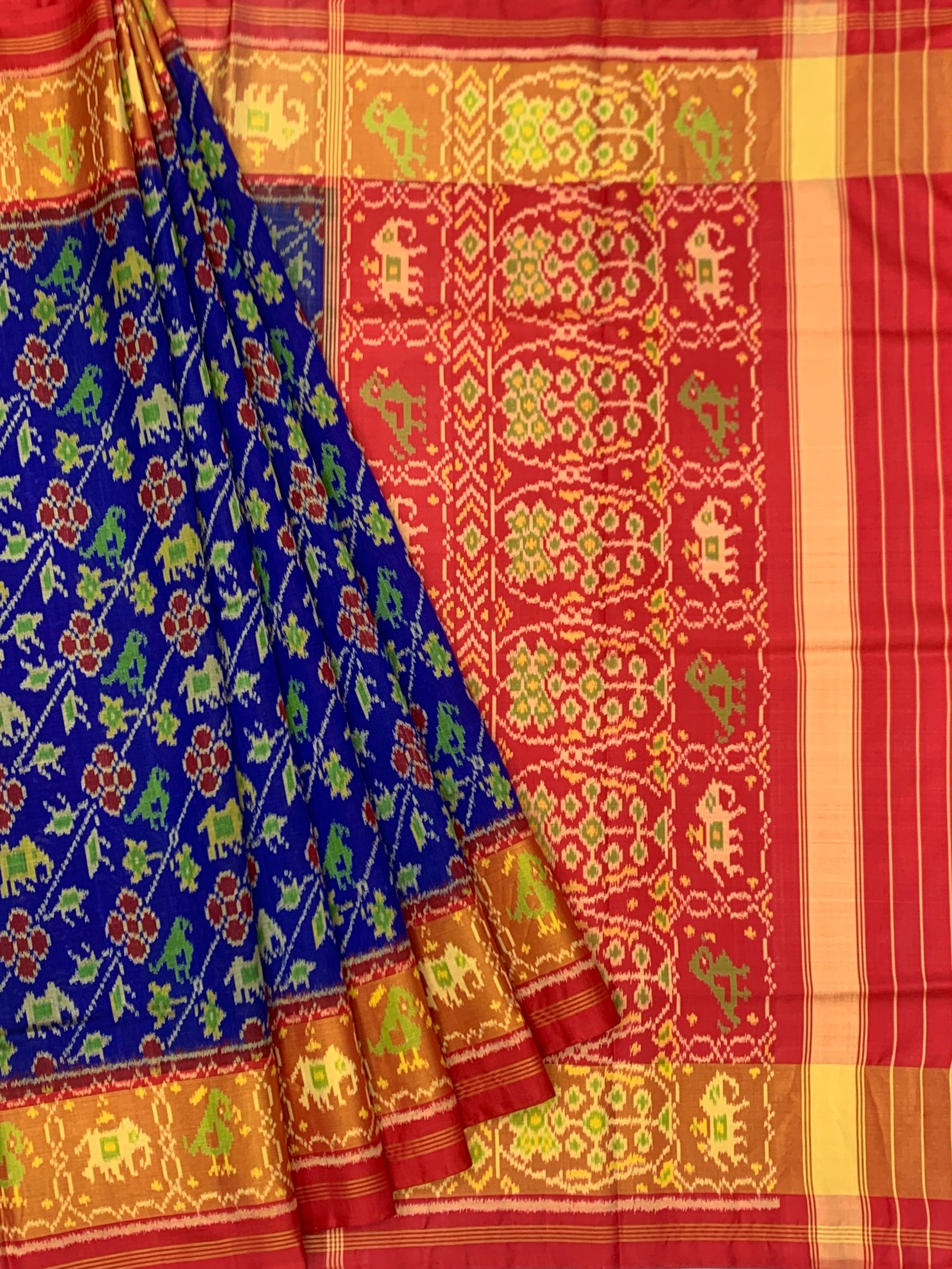 Royal Blue & Crimson Haathi-Popat: Heritage Rajkot Patola Silk Saree