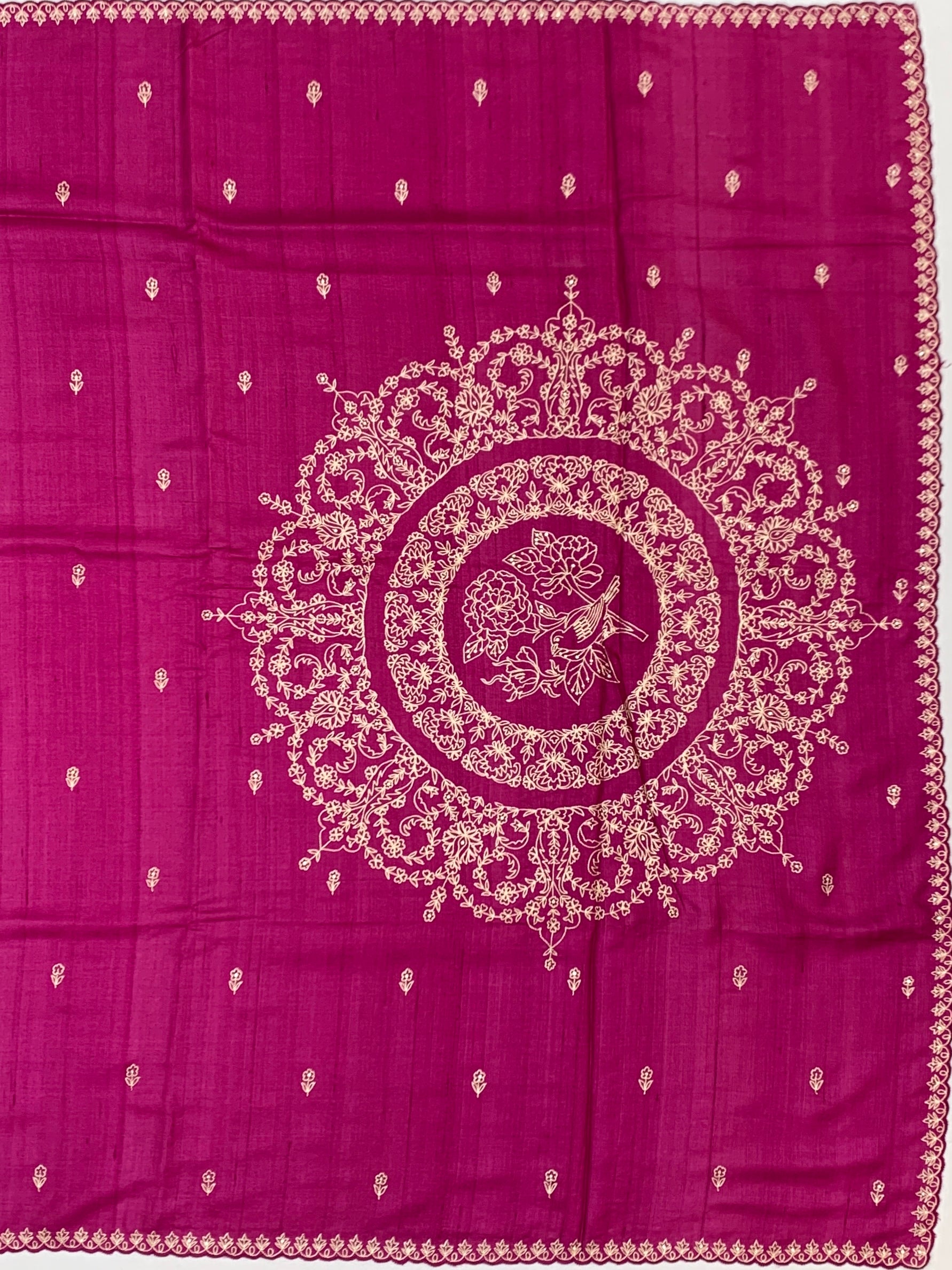 Magenta Rani Pink Tussore Silk Saree with Bird & Floral Mandala Embroidery