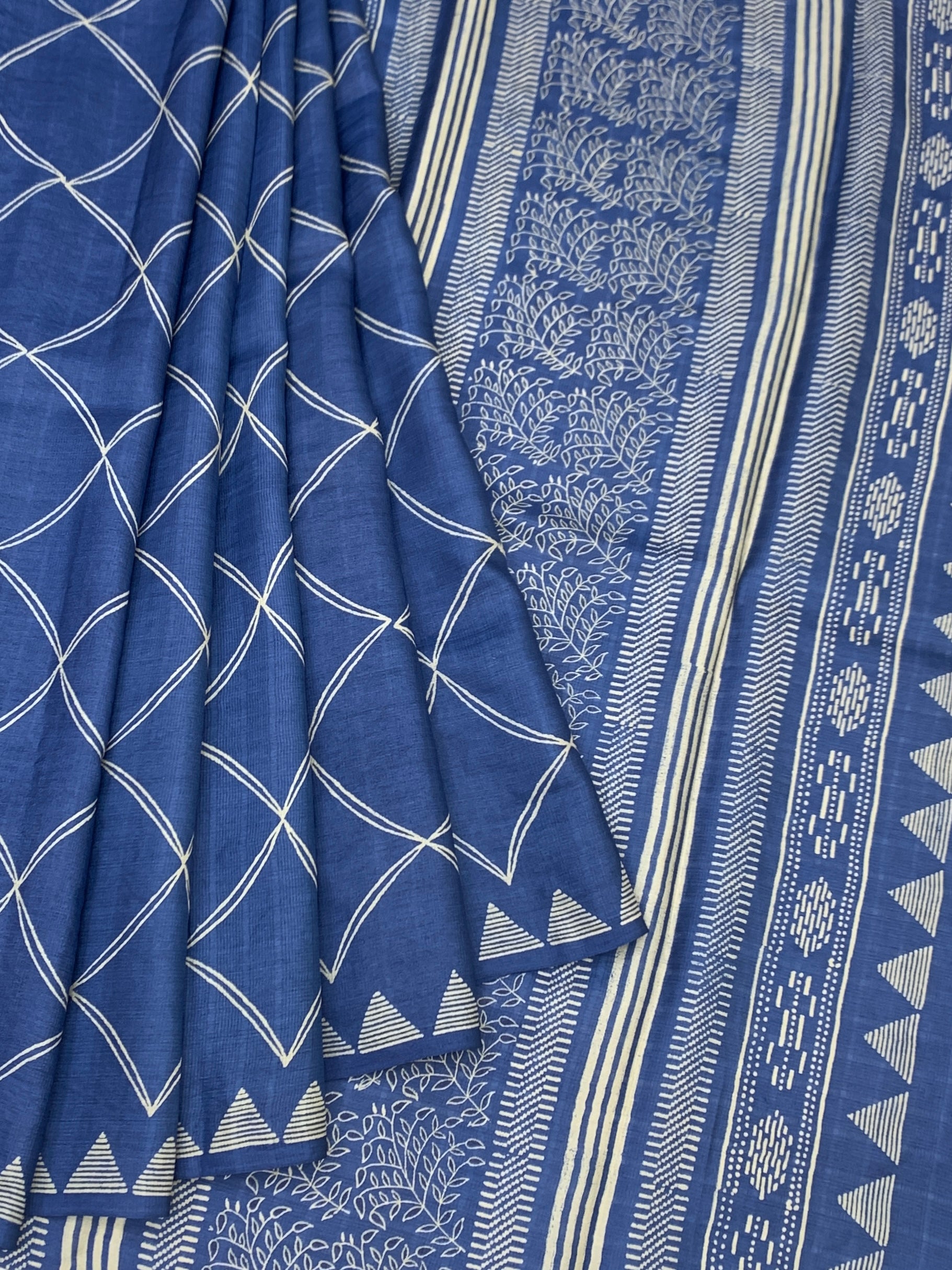 Royal Blue Tussore Saree with Geometric & Tribal Block Prints