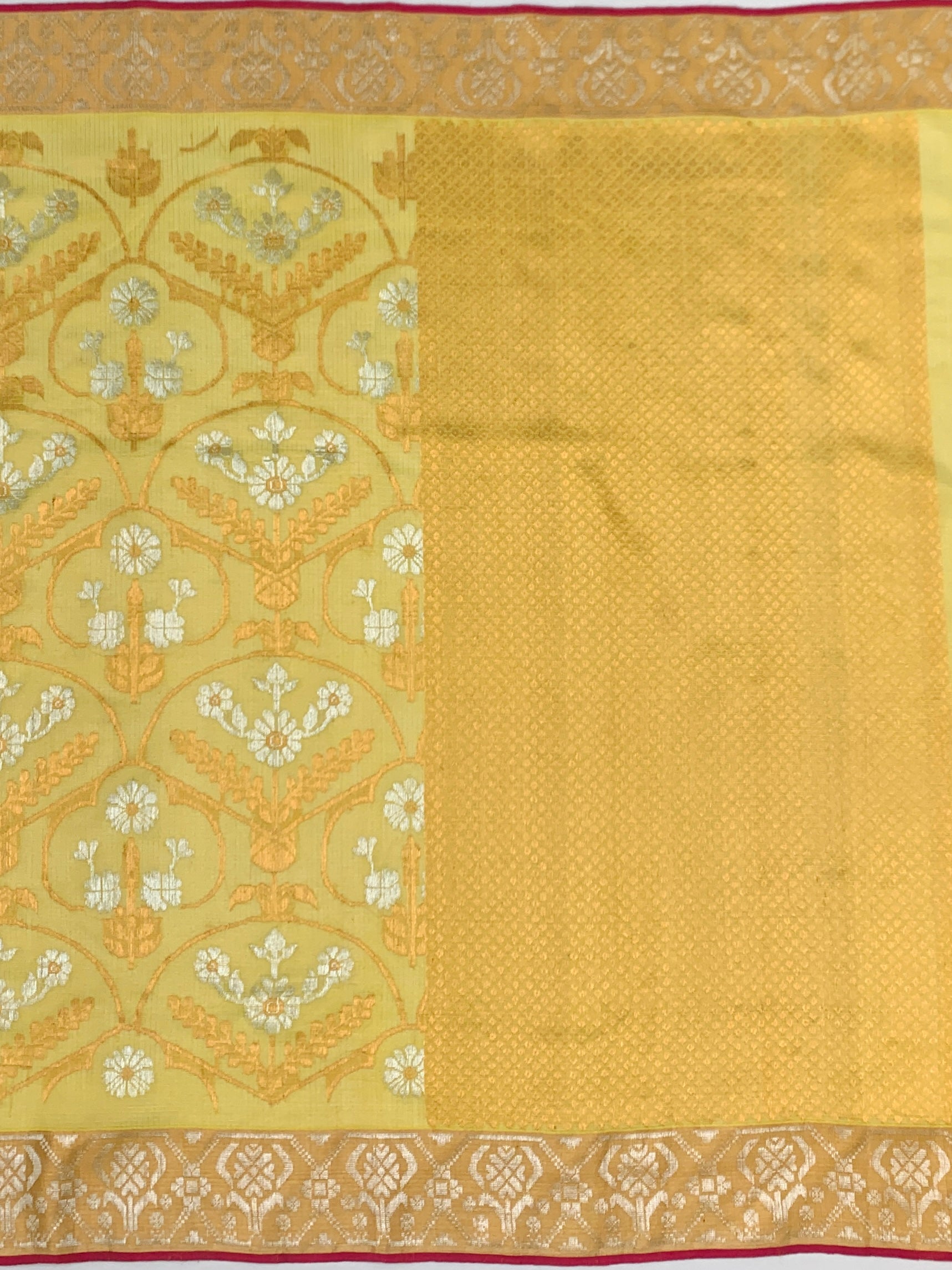 Mustard Yellow Tissue Zari Kota Saree with Contrast Magenta Blouse