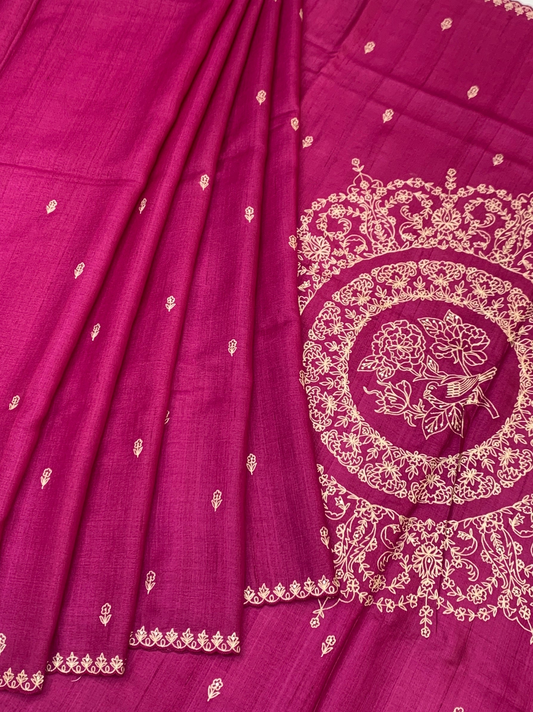 Magenta Rani Pink Tussore Silk Saree with Bird & Floral Mandala Embroidery
