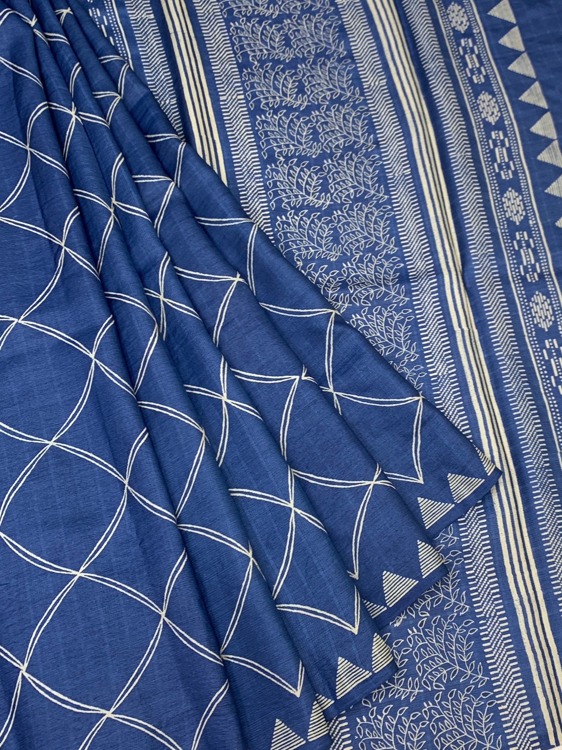 Royal Blue Tussore Saree with Geometric & Tribal Block Prints