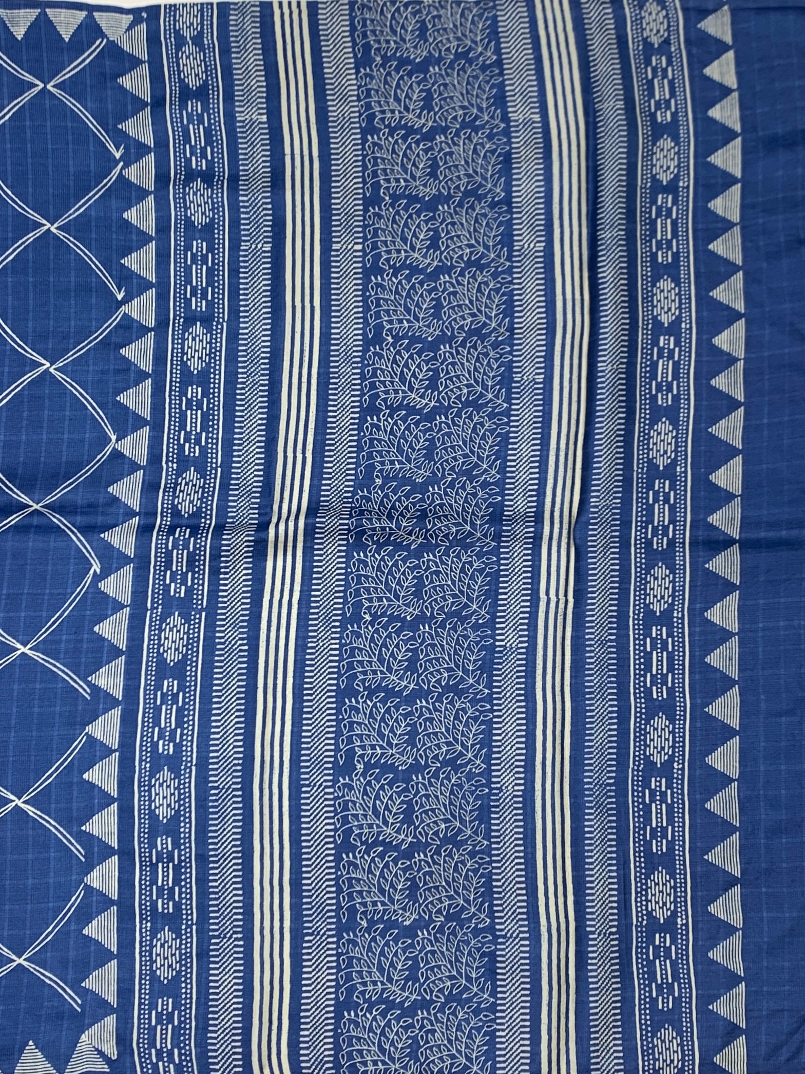 Royal Blue Tussore Saree with Geometric & Tribal Block Prints