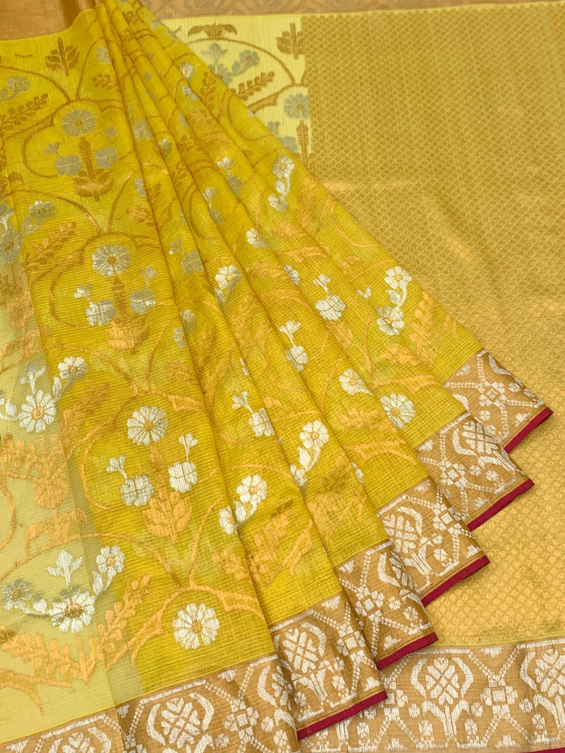 Mustard Yellow Tissue Zari Kota Saree with Contrast Magenta Blouse