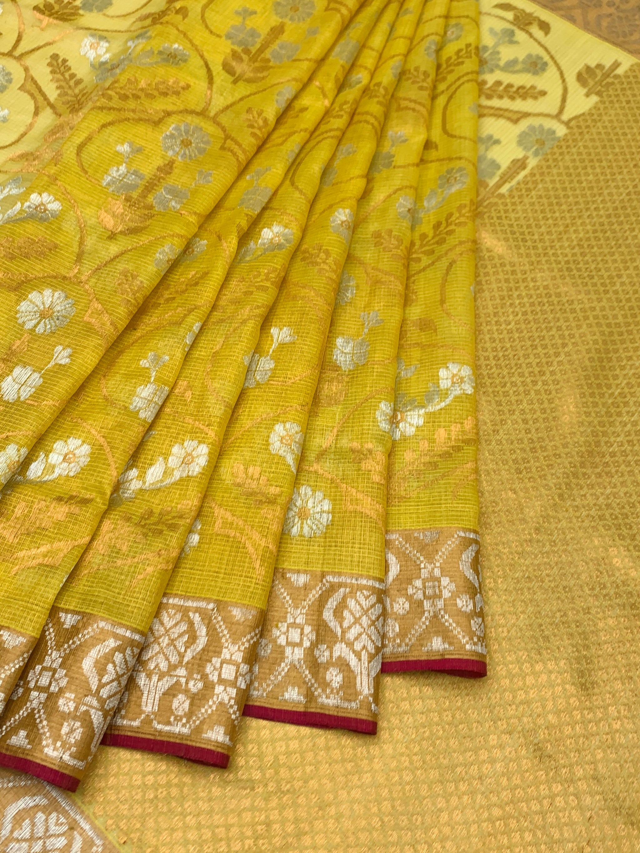 Mustard Yellow Tissue Zari Kota Saree with Contrast Magenta Blouse