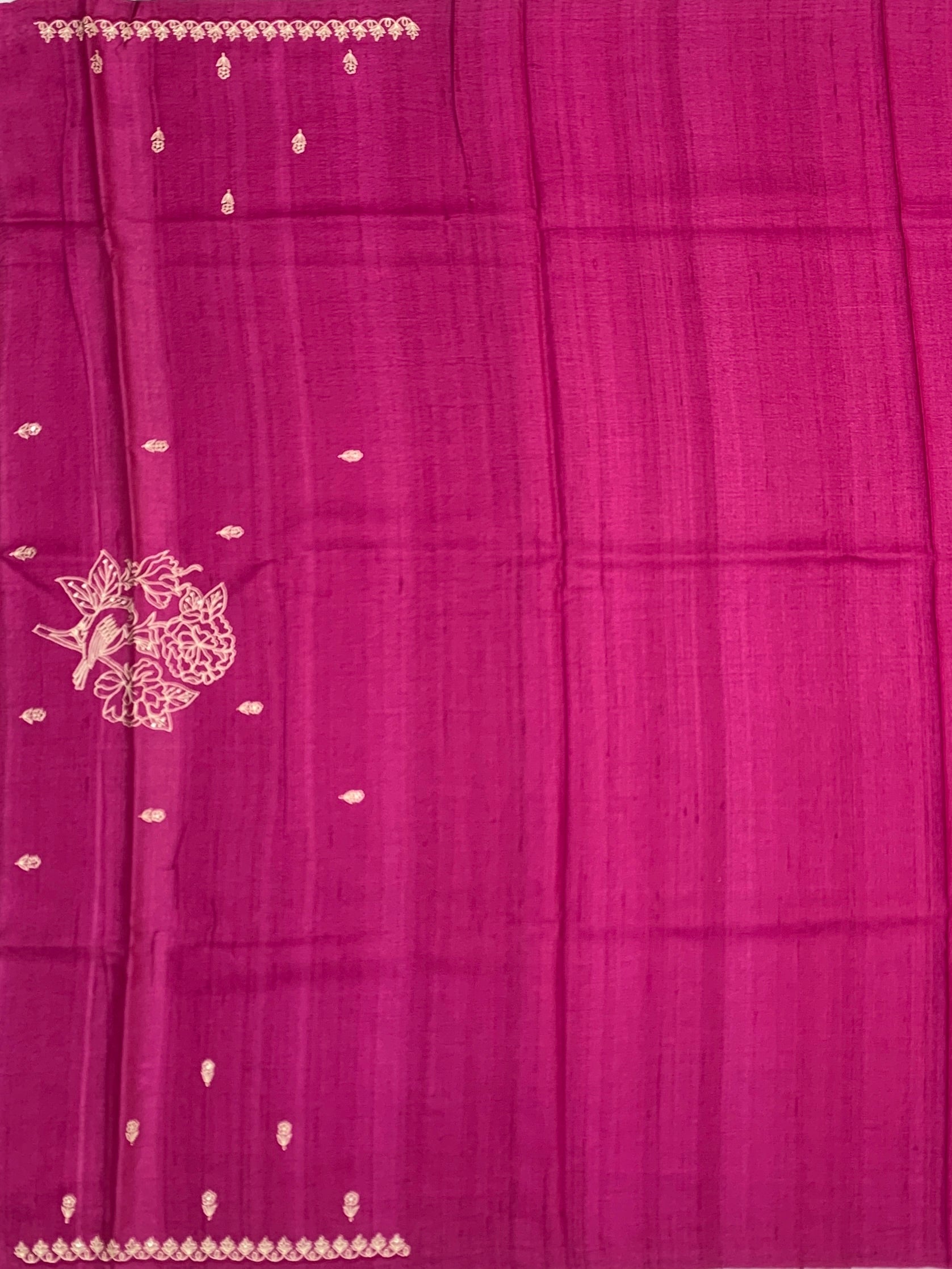 Magenta Rani Pink Tussore Silk Saree with Bird & Floral Mandala Embroidery