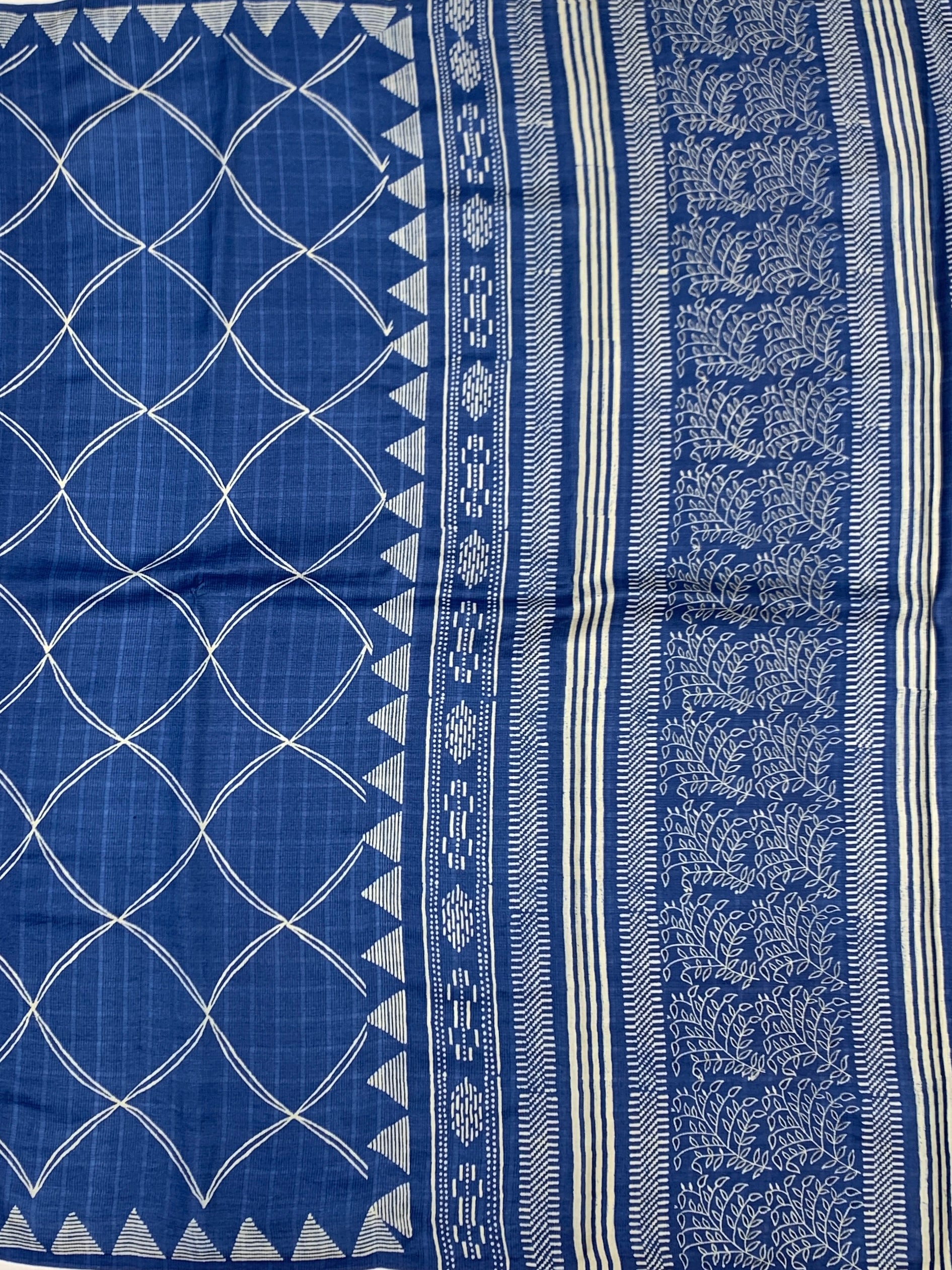Royal Blue Tussore Saree with Geometric & Tribal Block Prints