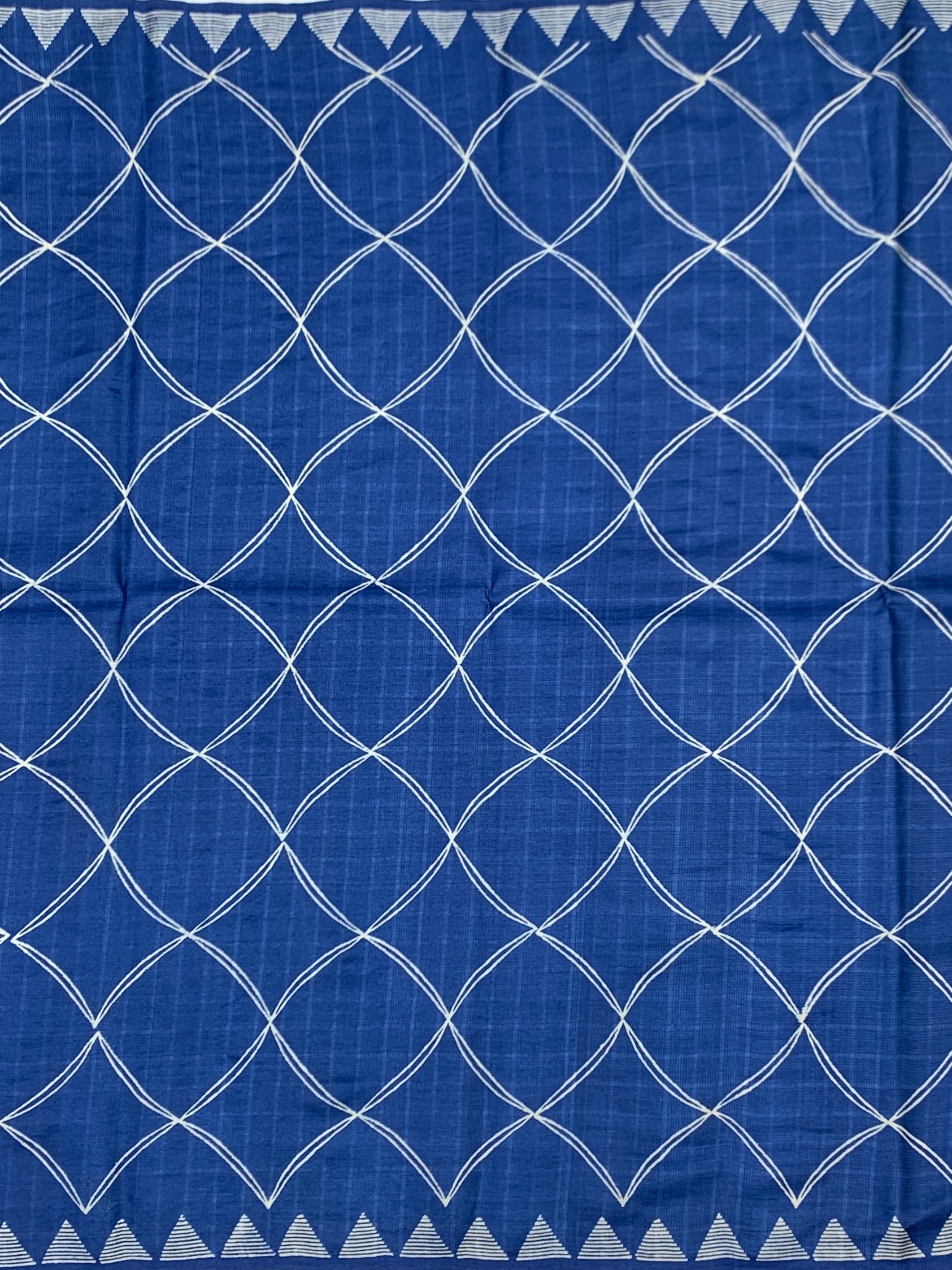 Royal Blue Tussore Saree with Geometric & Tribal Block Prints