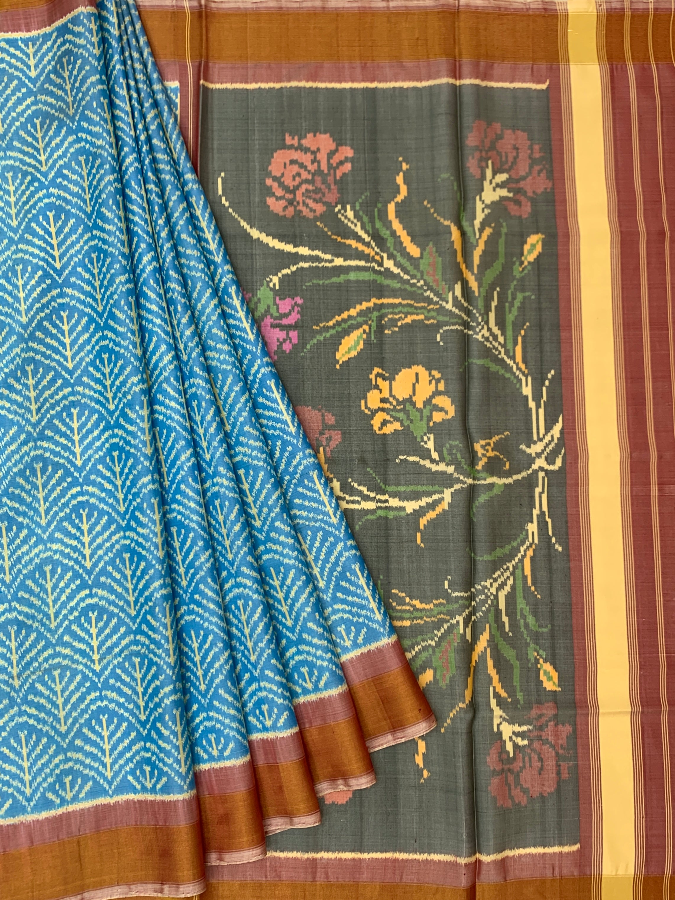 Sky Blue & Charcoal Floral Rajkot Patola Silk Saree