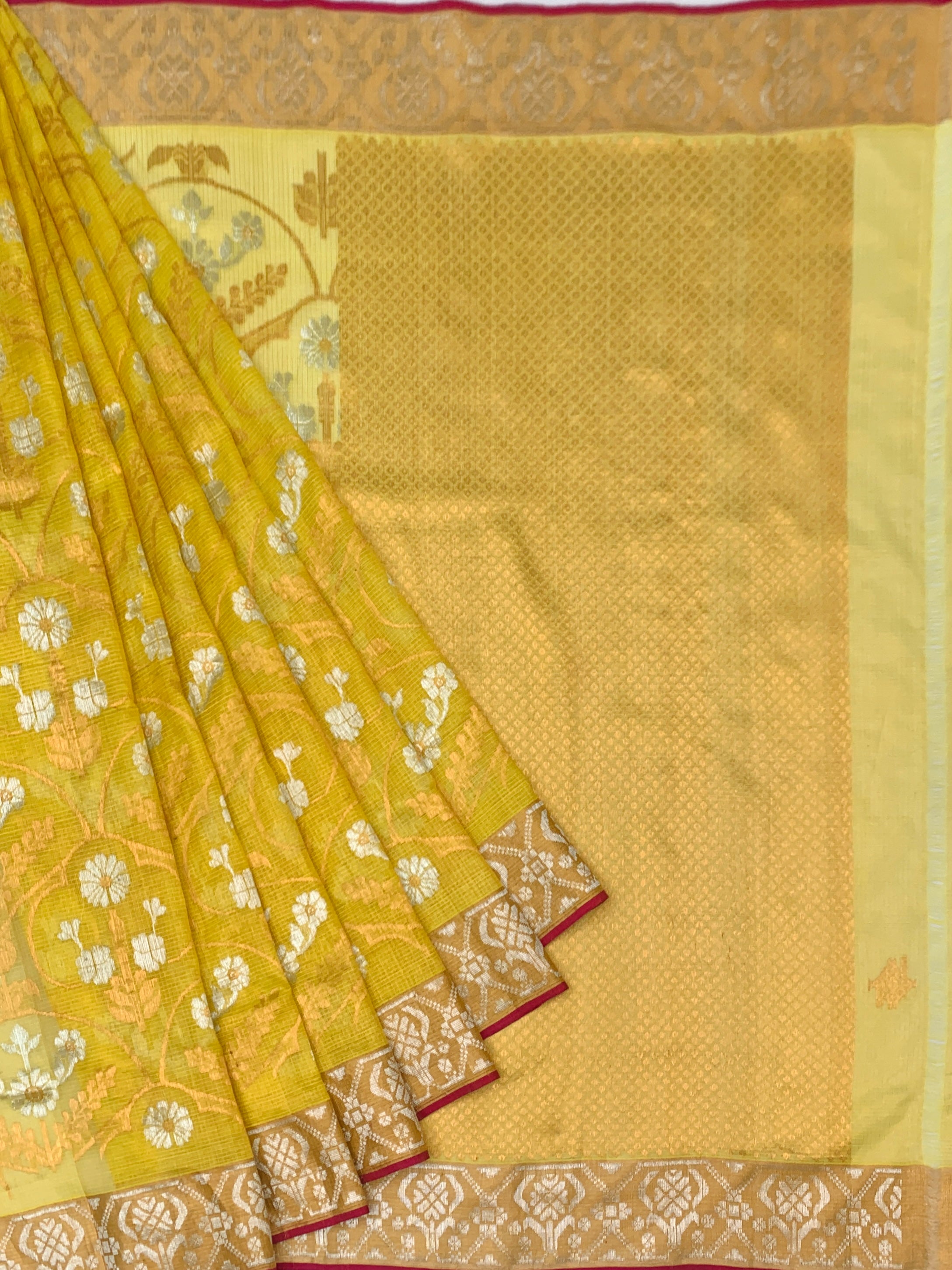 Mustard Yellow Tissue Zari Kota Saree with Contrast Magenta Blouse