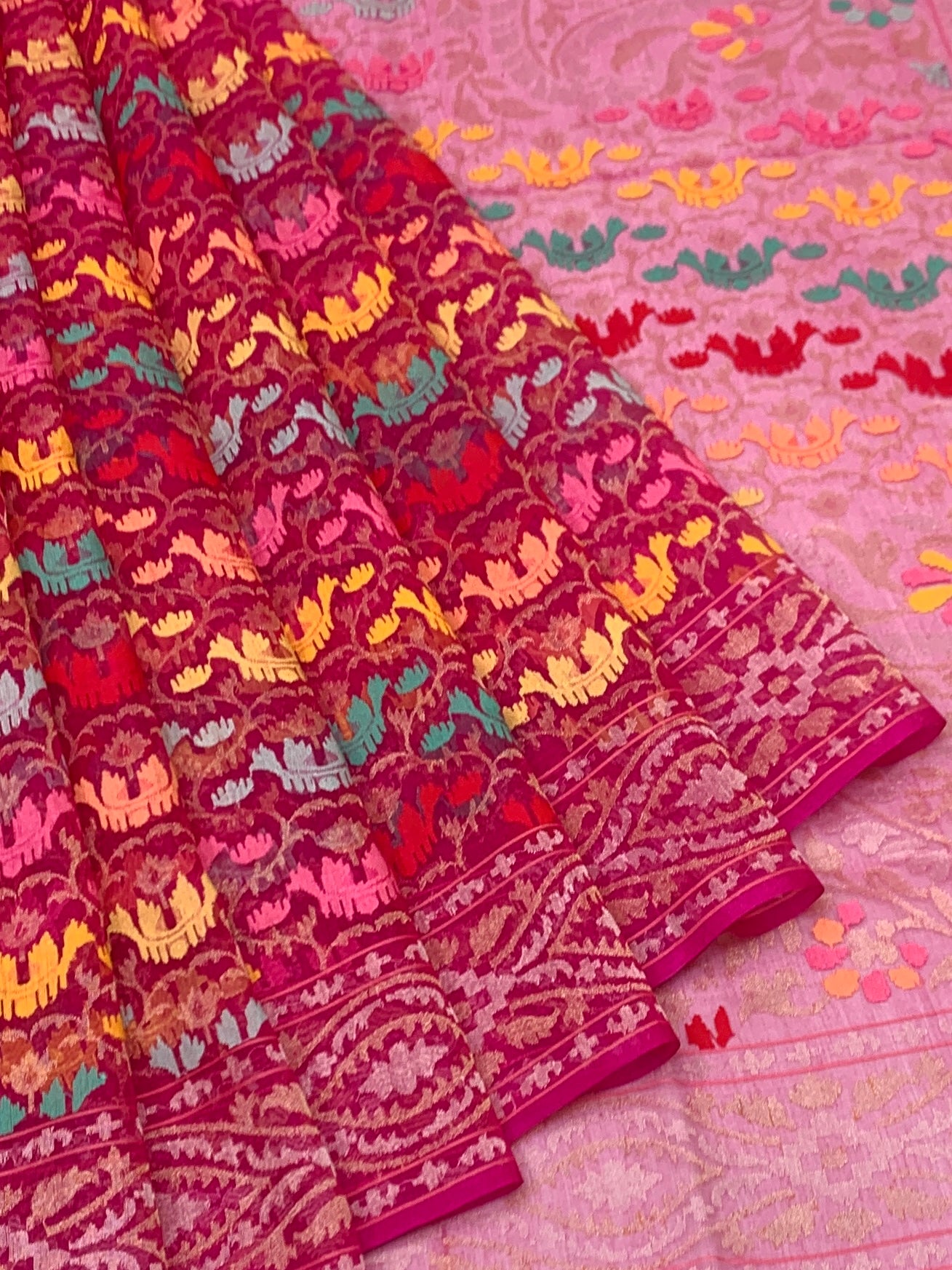 Vibrant Magenta-Pink Cotton Jamdani Saree with Multi-Color Motifs