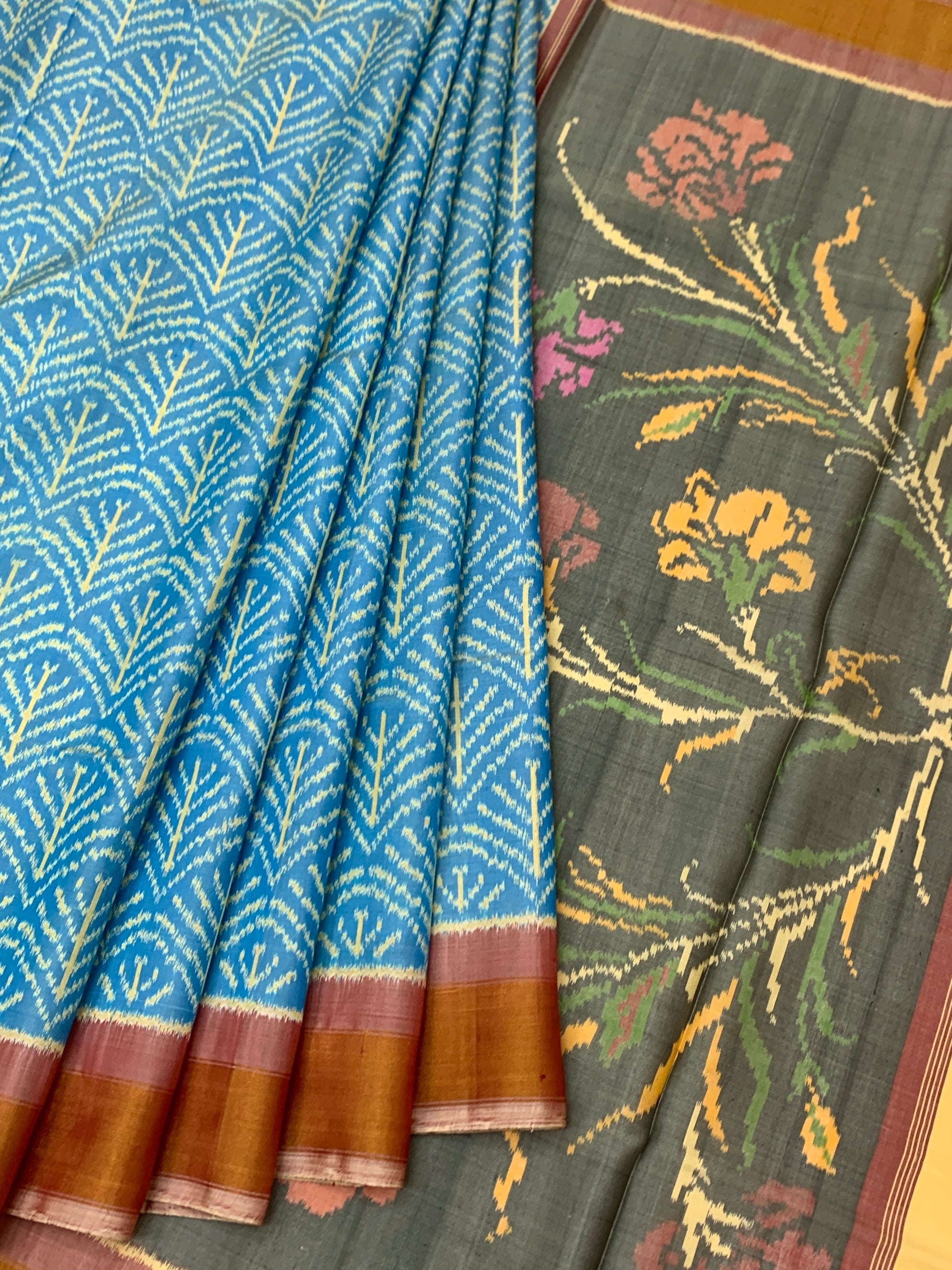 Sky Blue & Charcoal Floral Rajkot Patola Silk Saree