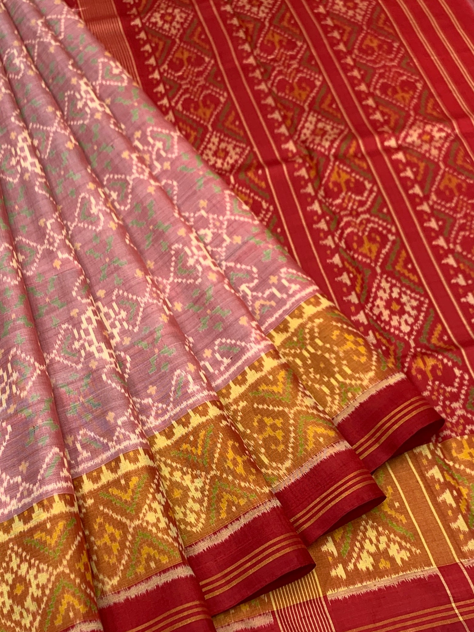 Dusty Rose & Crimson: Geometric Trellis Rajkot Patola Silk Saree