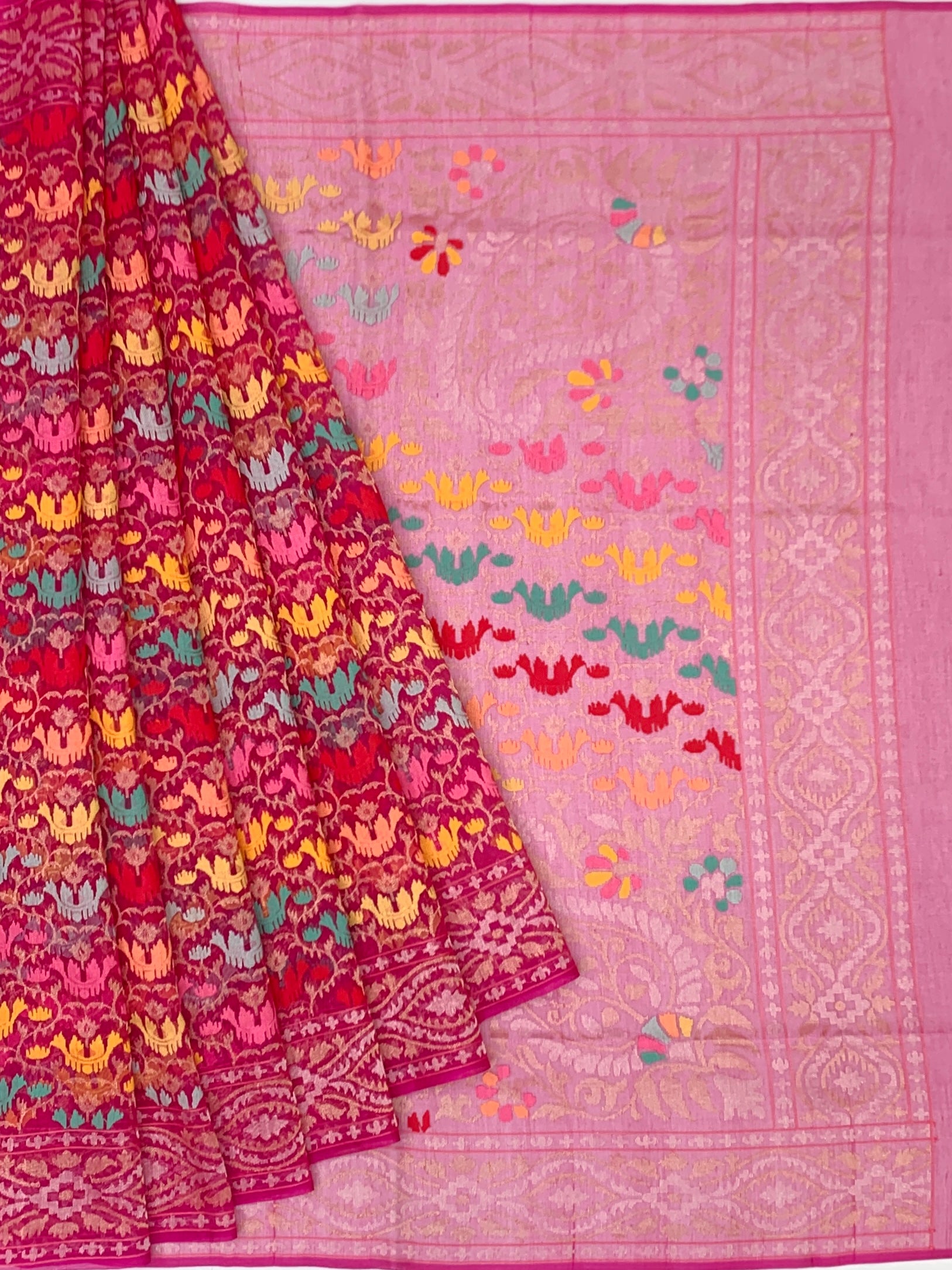 Vibrant Magenta-Pink Cotton Jamdani Saree with Multi-Color Motifs