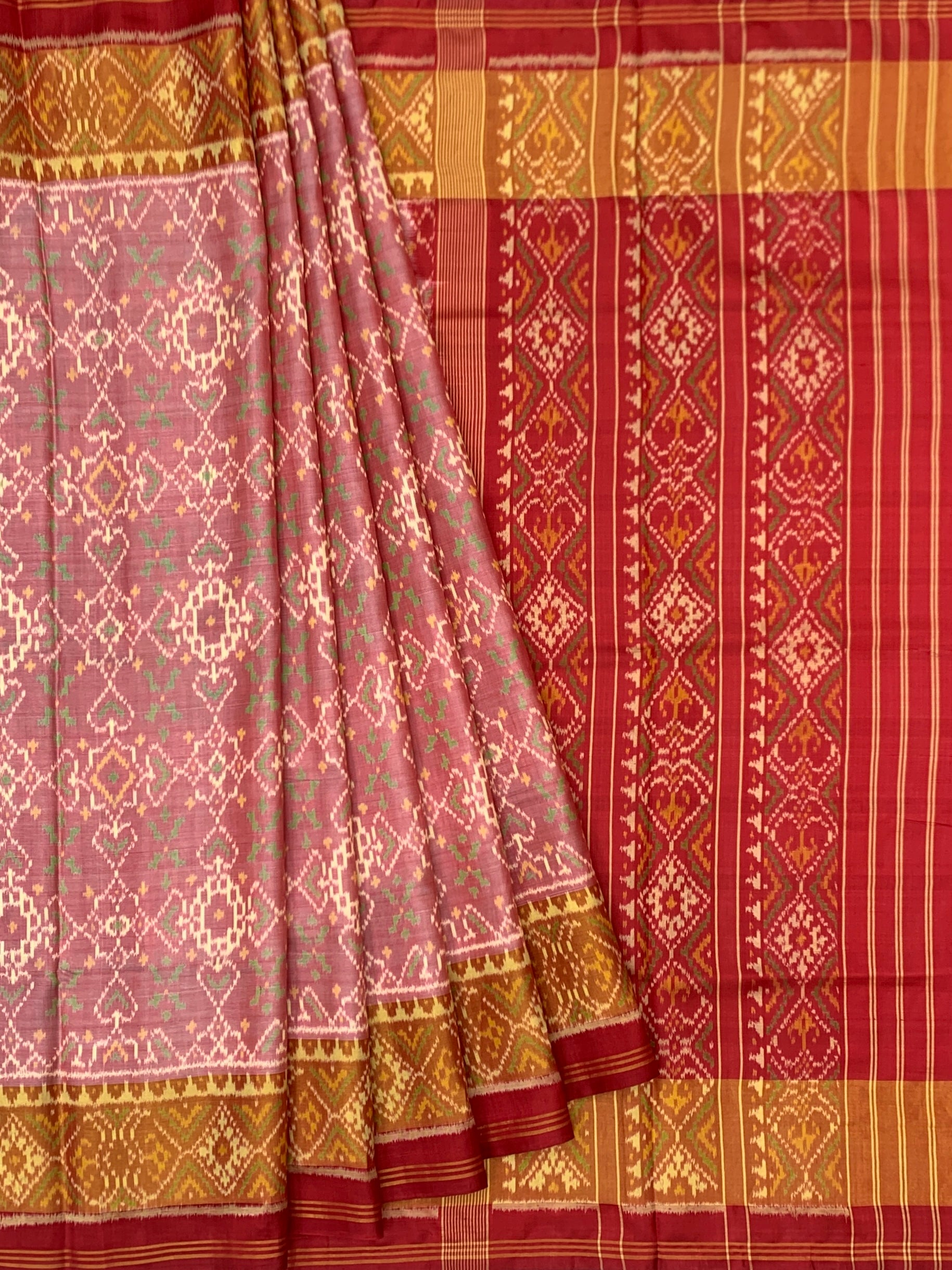 Dusty Rose & Crimson: Geometric Trellis Rajkot Patola Silk Saree