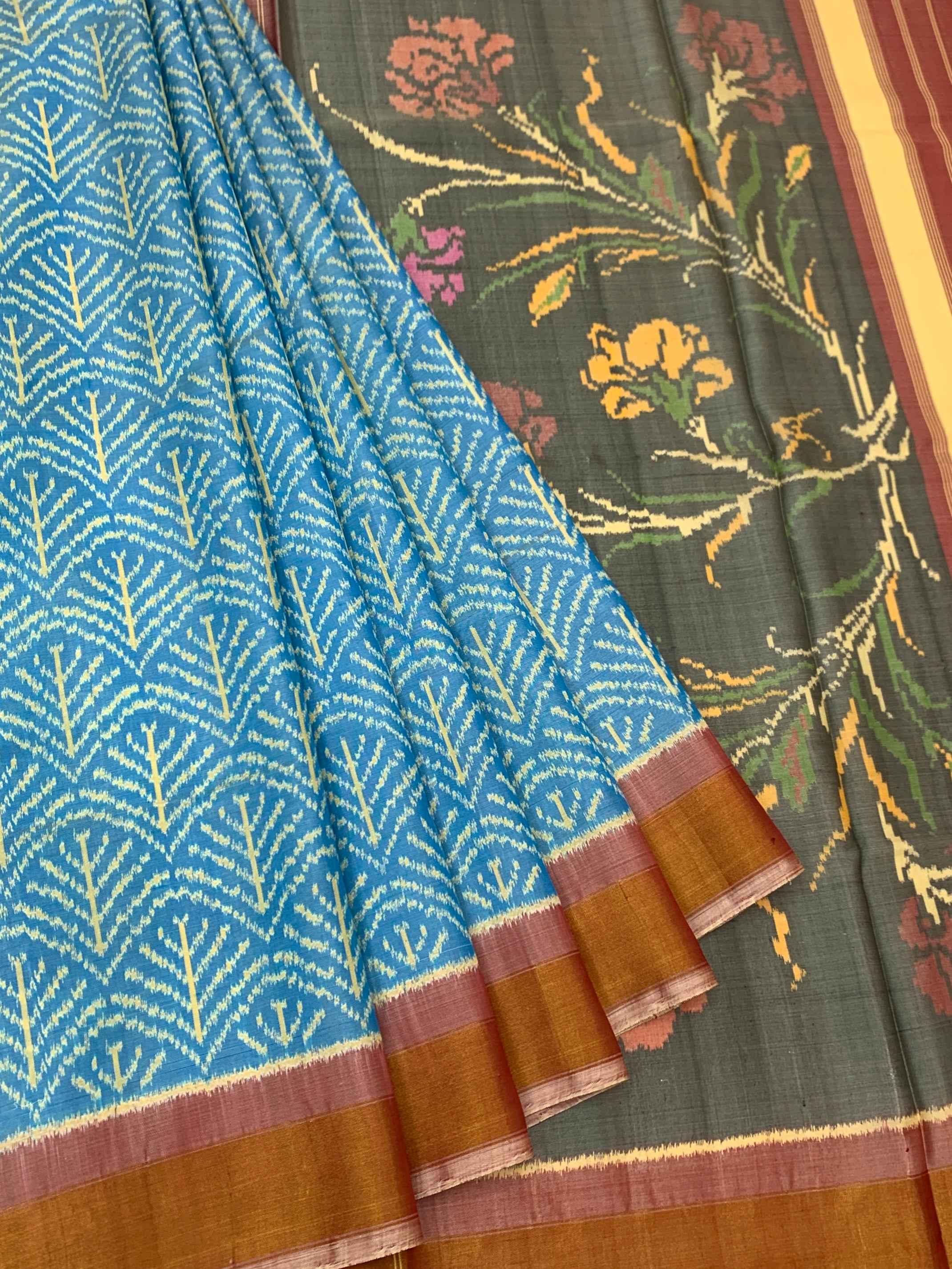 Sky Blue & Charcoal Floral Rajkot Patola Silk Saree