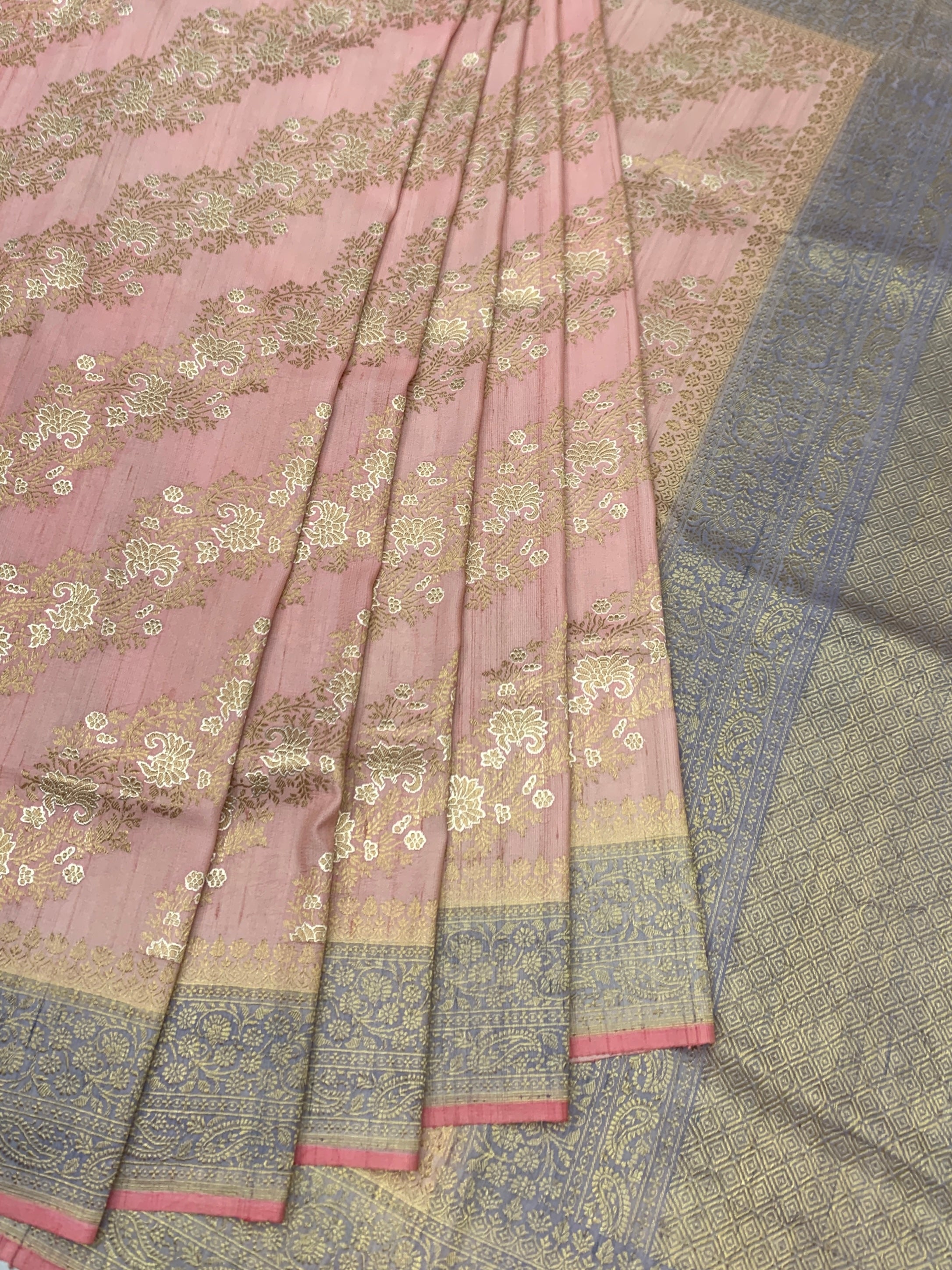 Elegant Blush Pink Tussore Georgette Saree with Contrast Zari Pallu