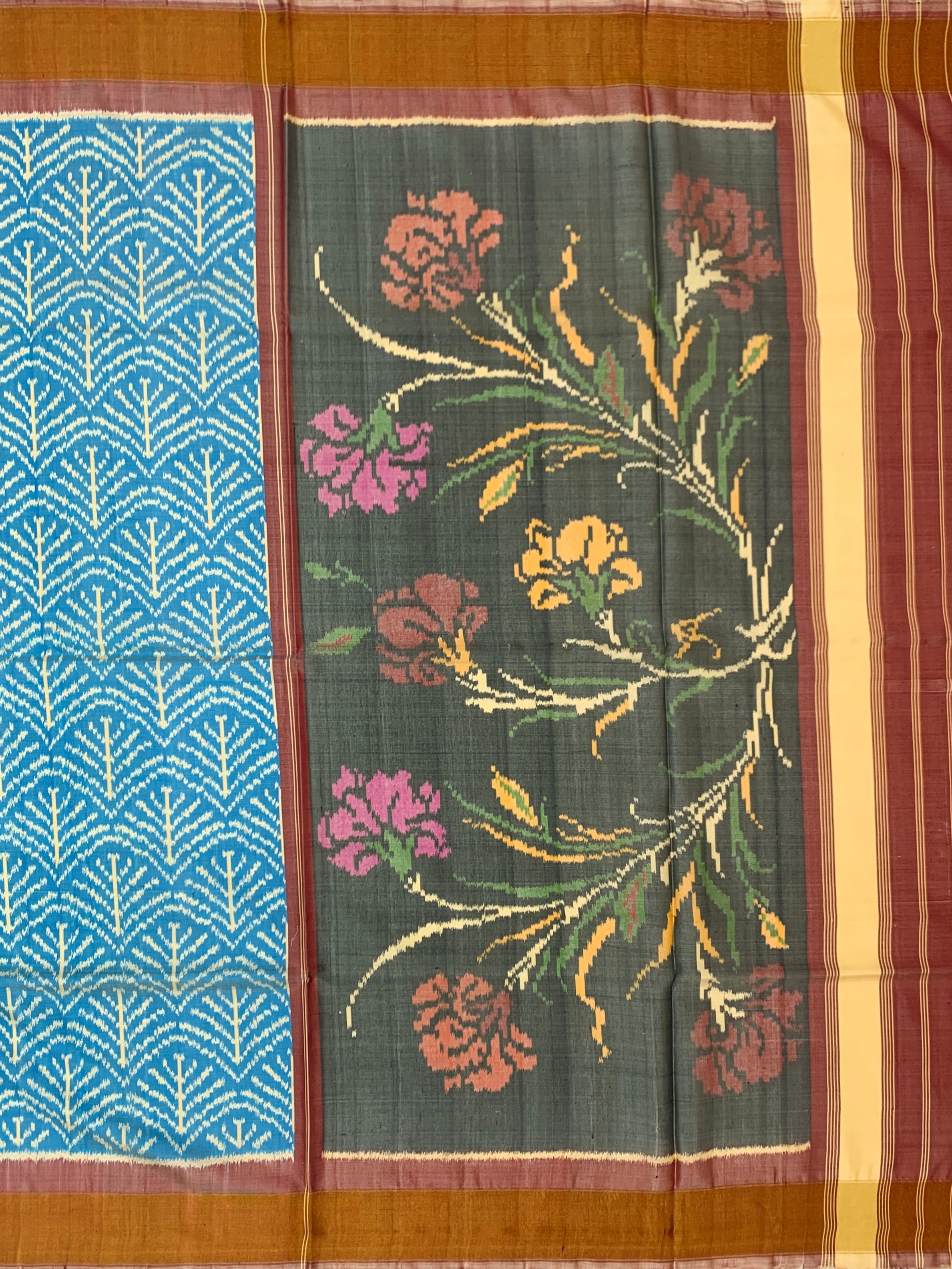 Sky Blue & Charcoal Floral Rajkot Patola Silk Saree