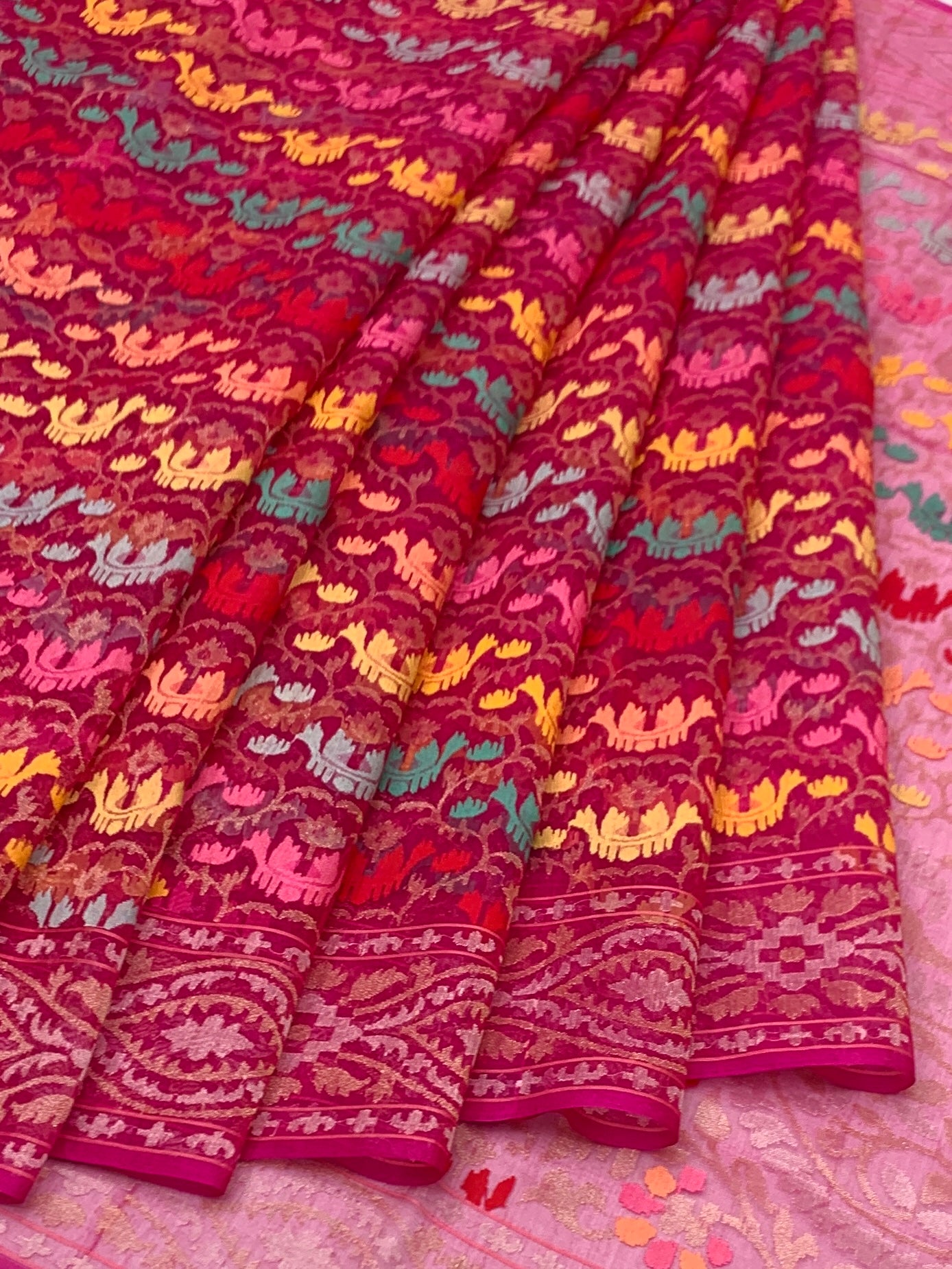 Vibrant Magenta-Pink Cotton Jamdani Saree with Multi-Color Motifs