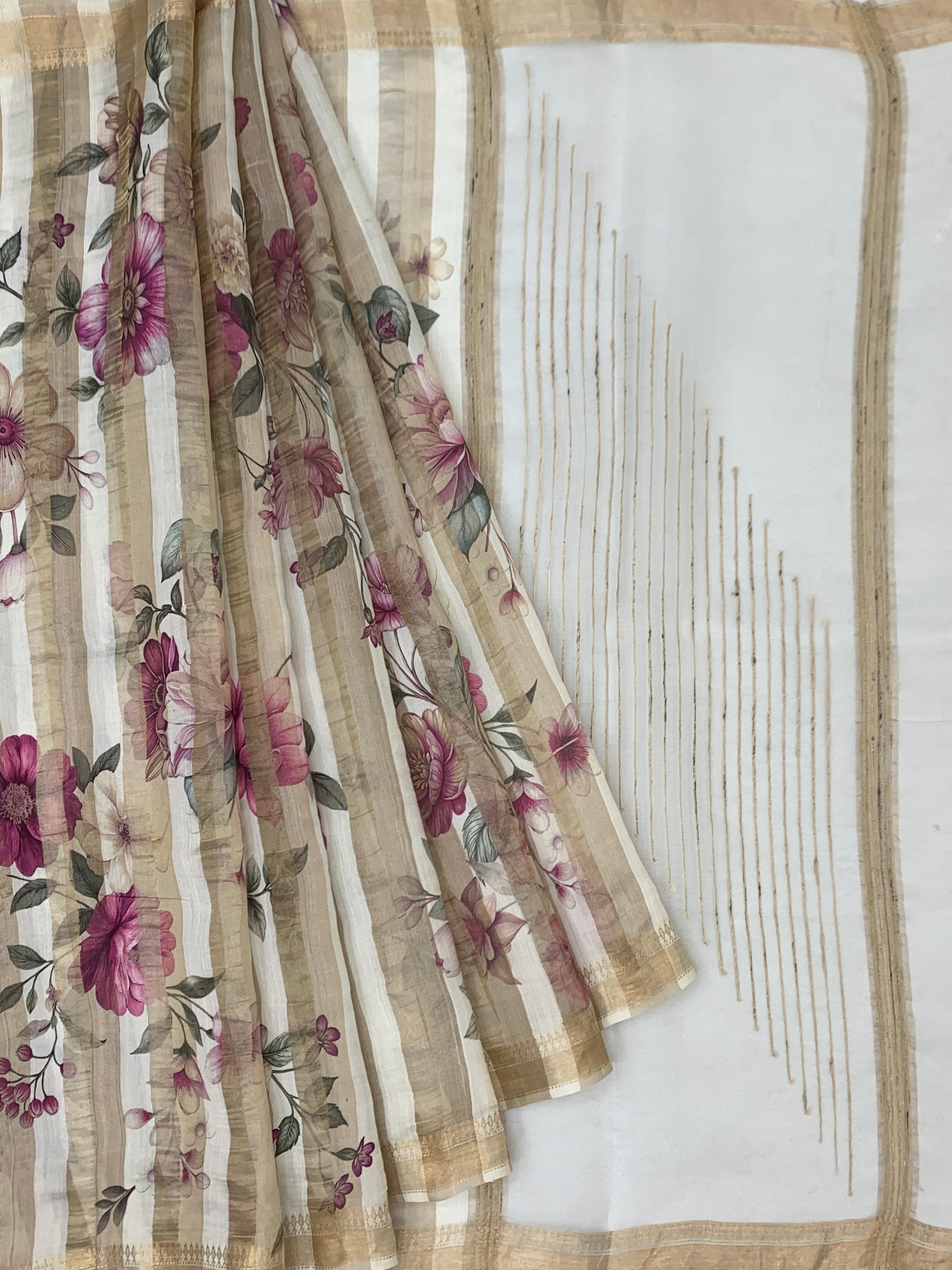 Ivory Tussore Saree with Garden Botanical Prints