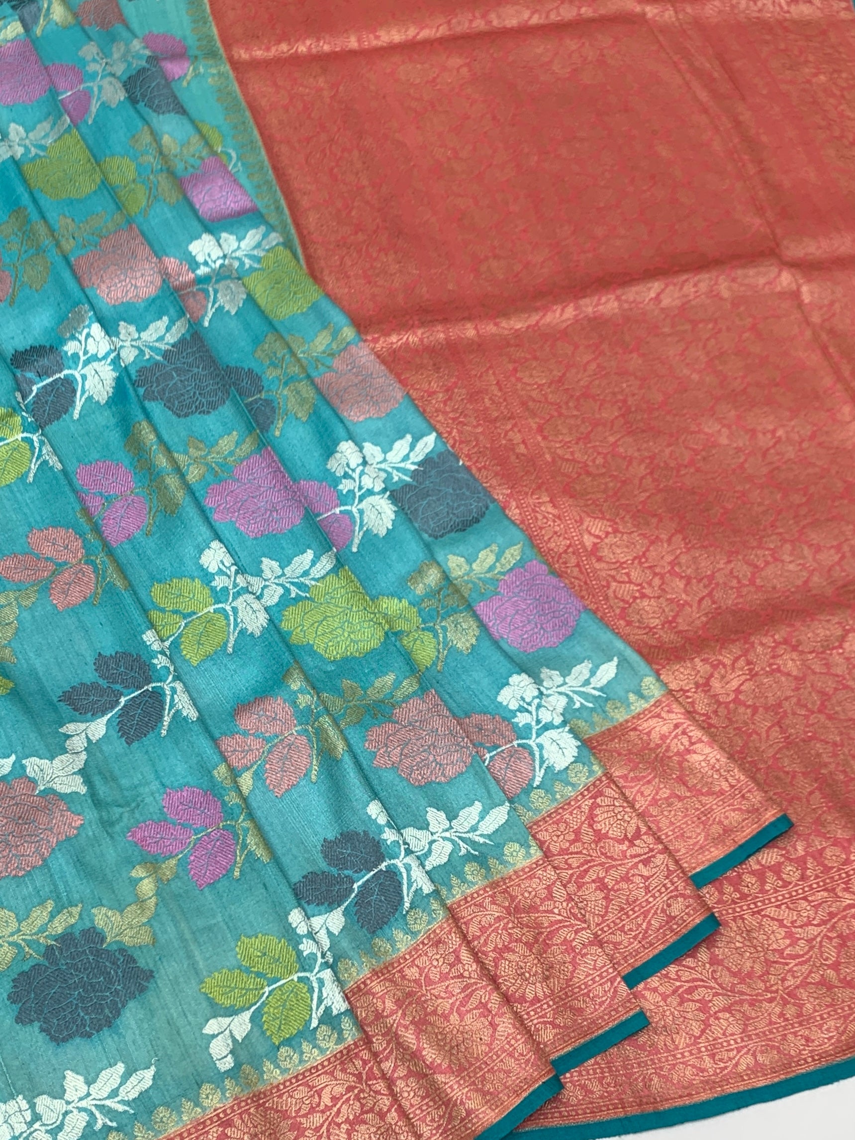 Vibrant Teal Blue Tussore Georgette Saree with Contrast Zari Brocade