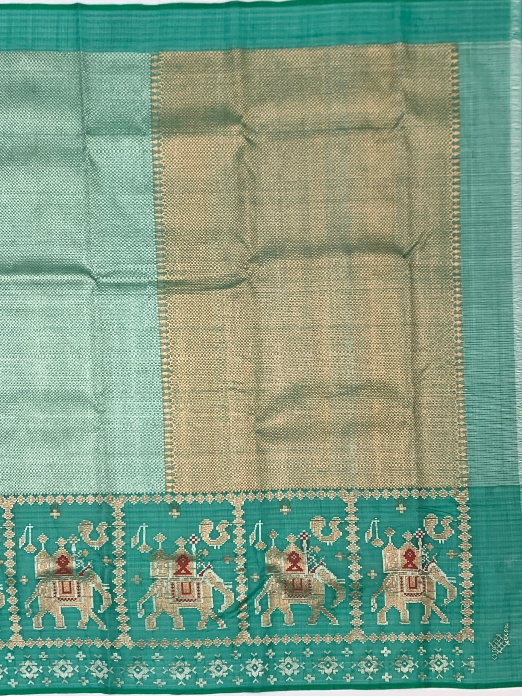 Sea Green Zari Kota Saree with Majestic Elephant Border