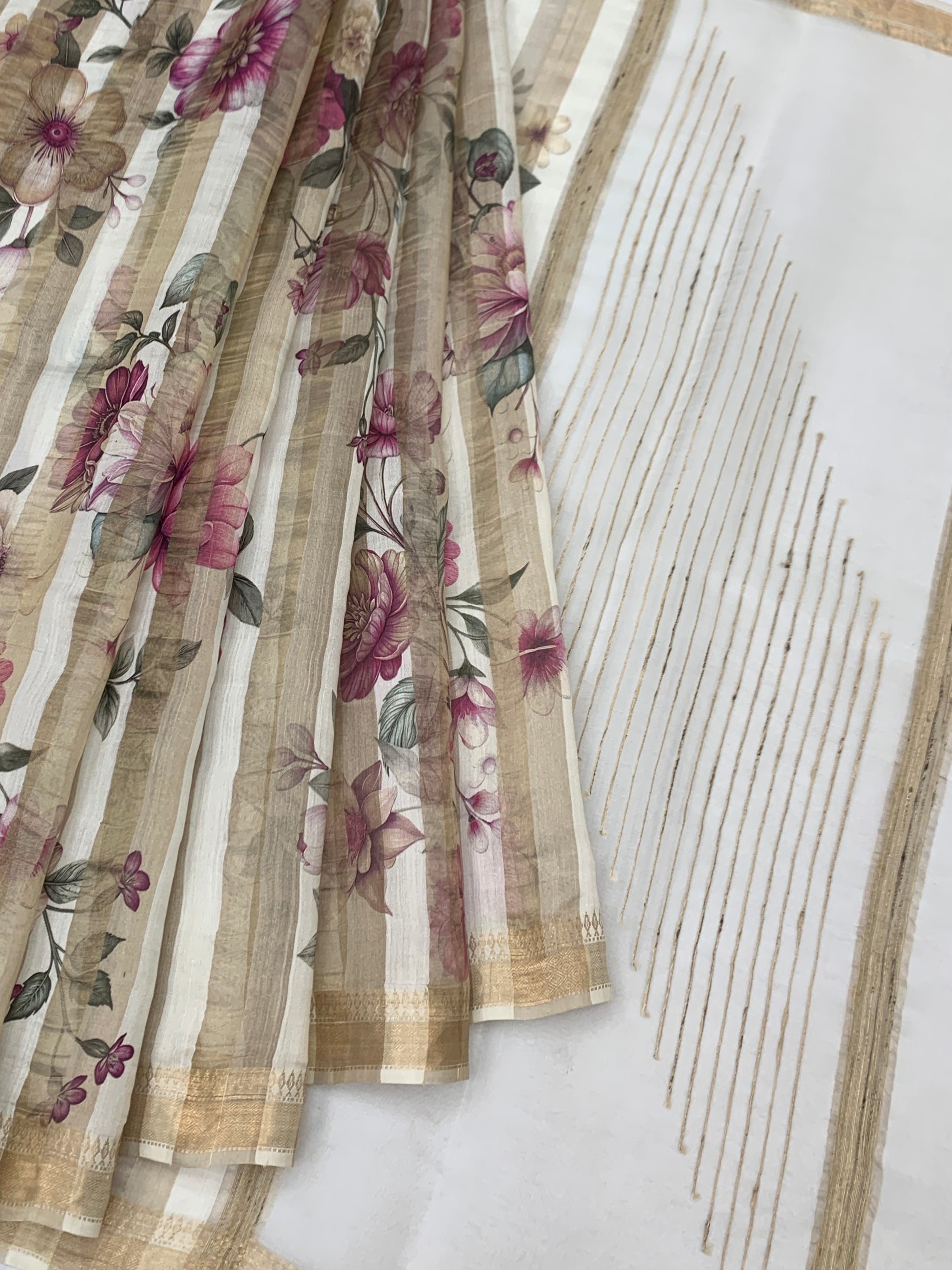 Ivory Tussore Saree with Garden Botanical Prints