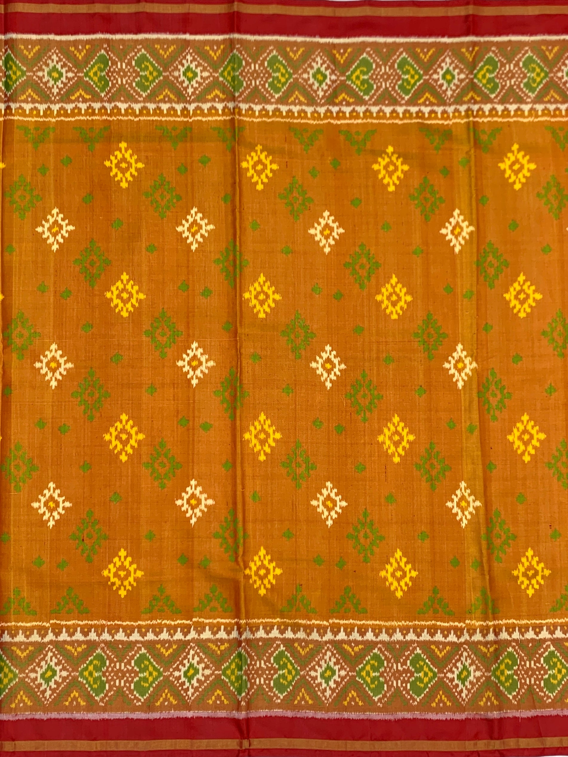 Golden Amber & Crimson Red: Geometric Buti Rajkot Patola Silk Saree