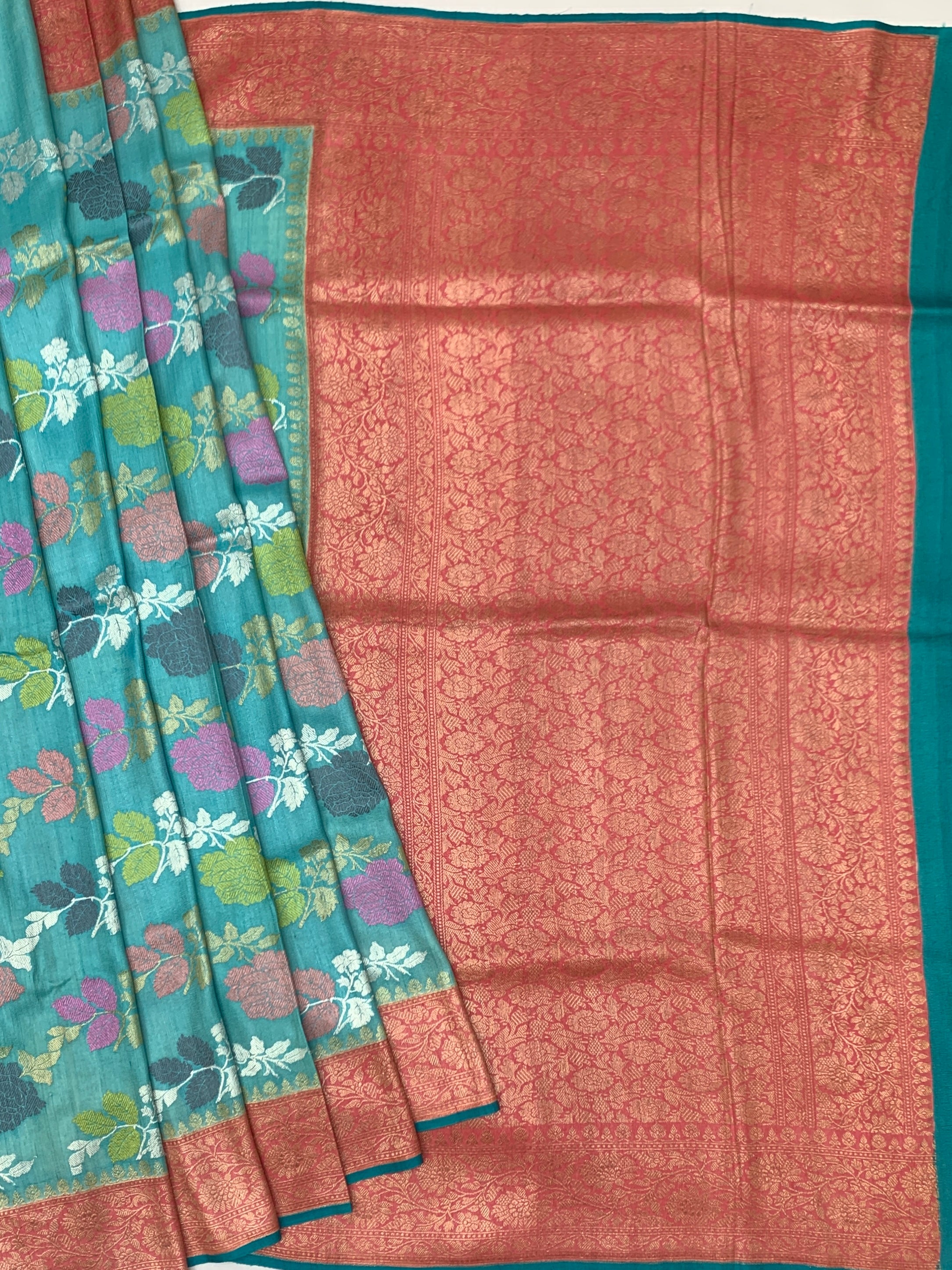 Vibrant Teal Blue Tussore Georgette Saree with Contrast Zari Brocade