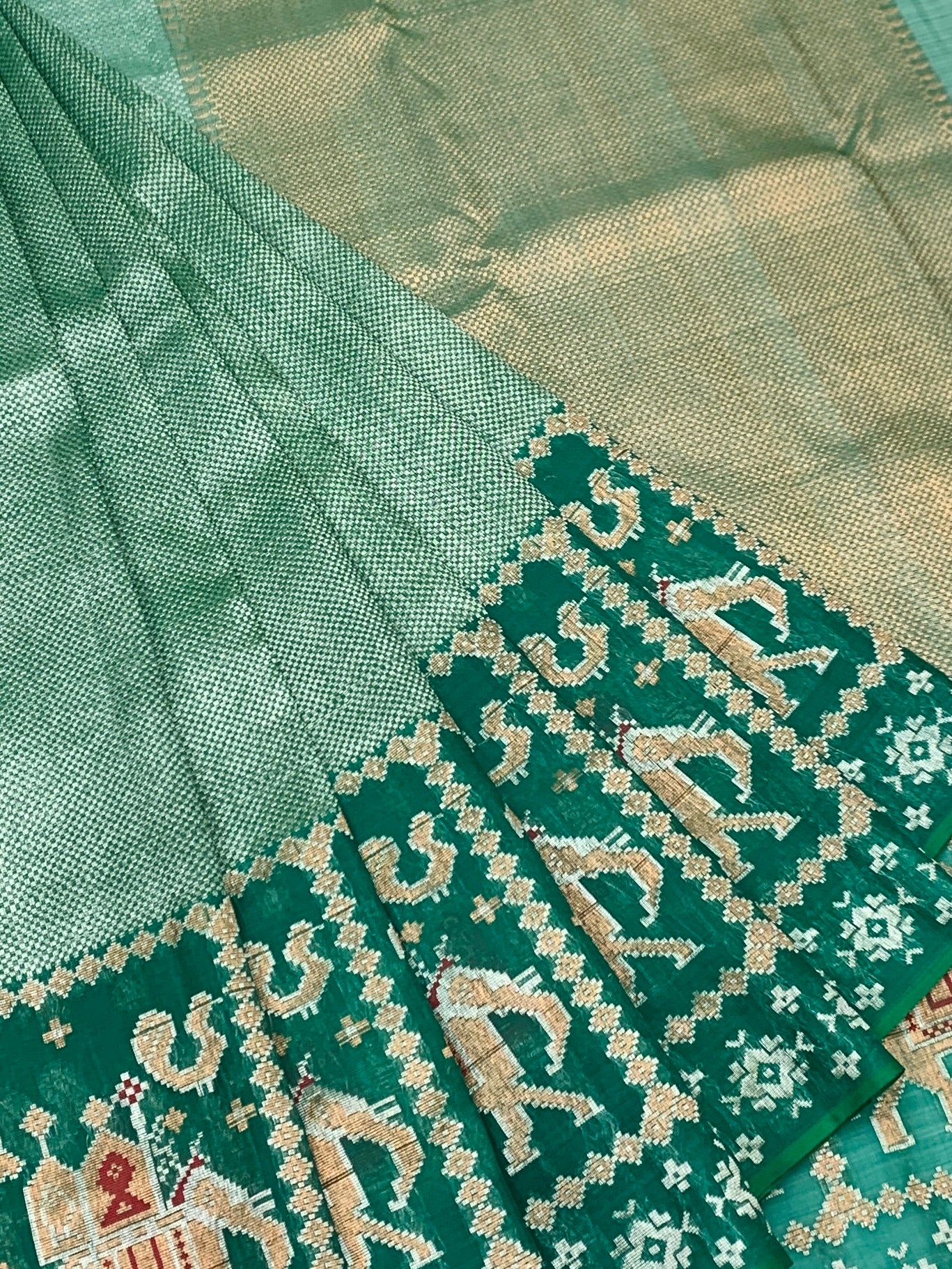 Sea Green Zari Kota Saree with Majestic Elephant Border