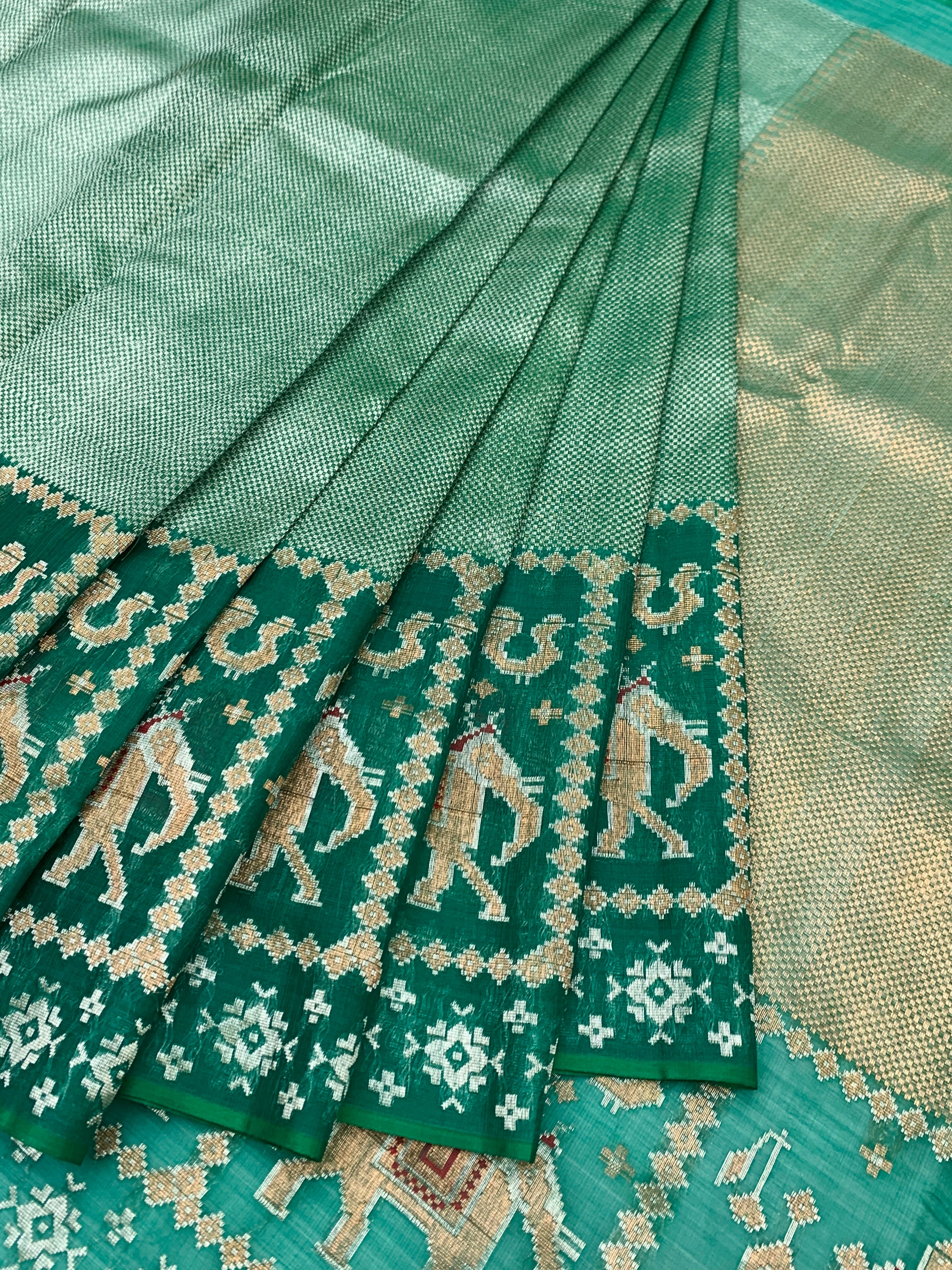 Sea Green Zari Kota Saree with Majestic Elephant Border