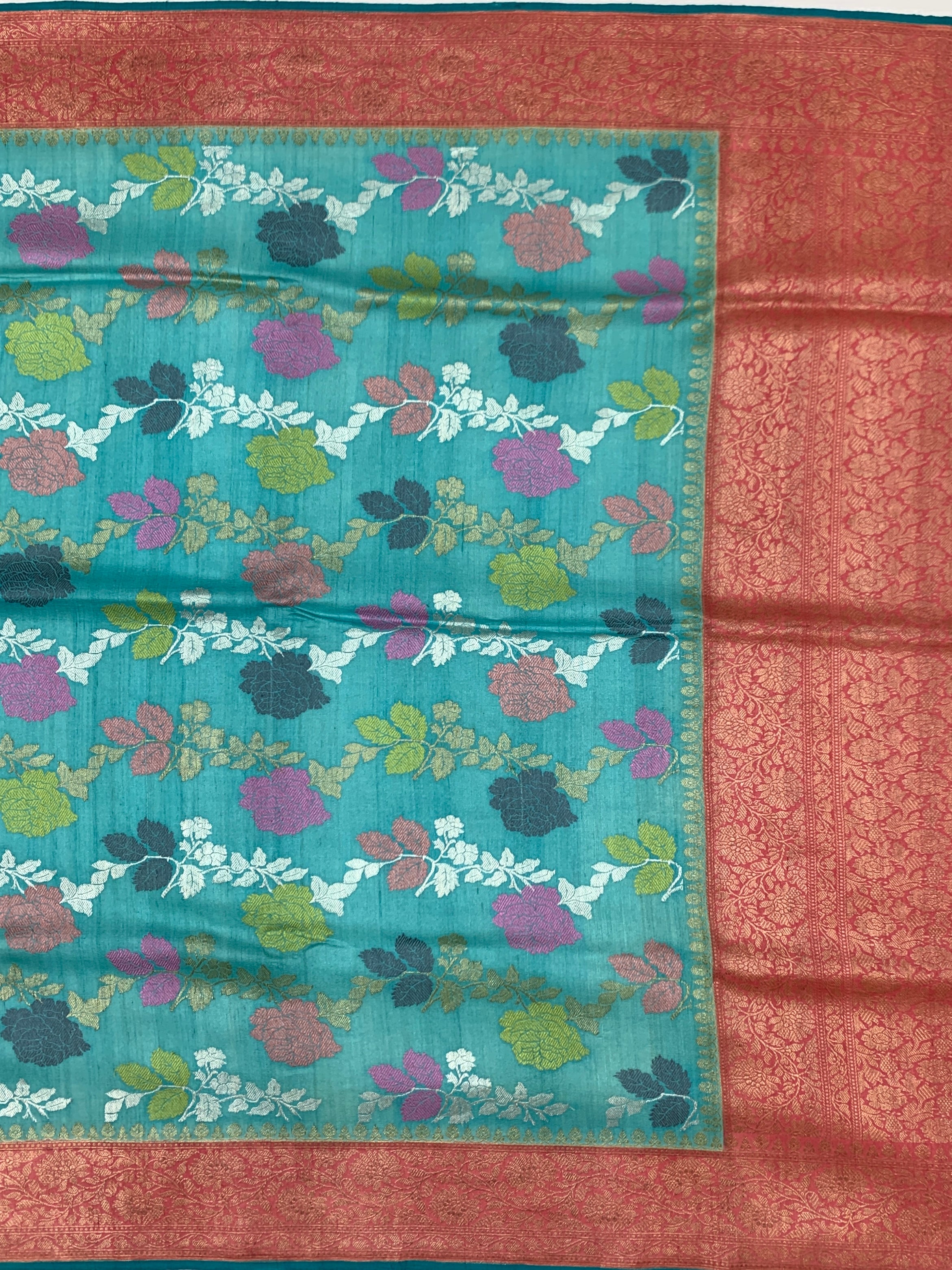 Vibrant Teal Blue Tussore Georgette Saree with Contrast Zari Brocade