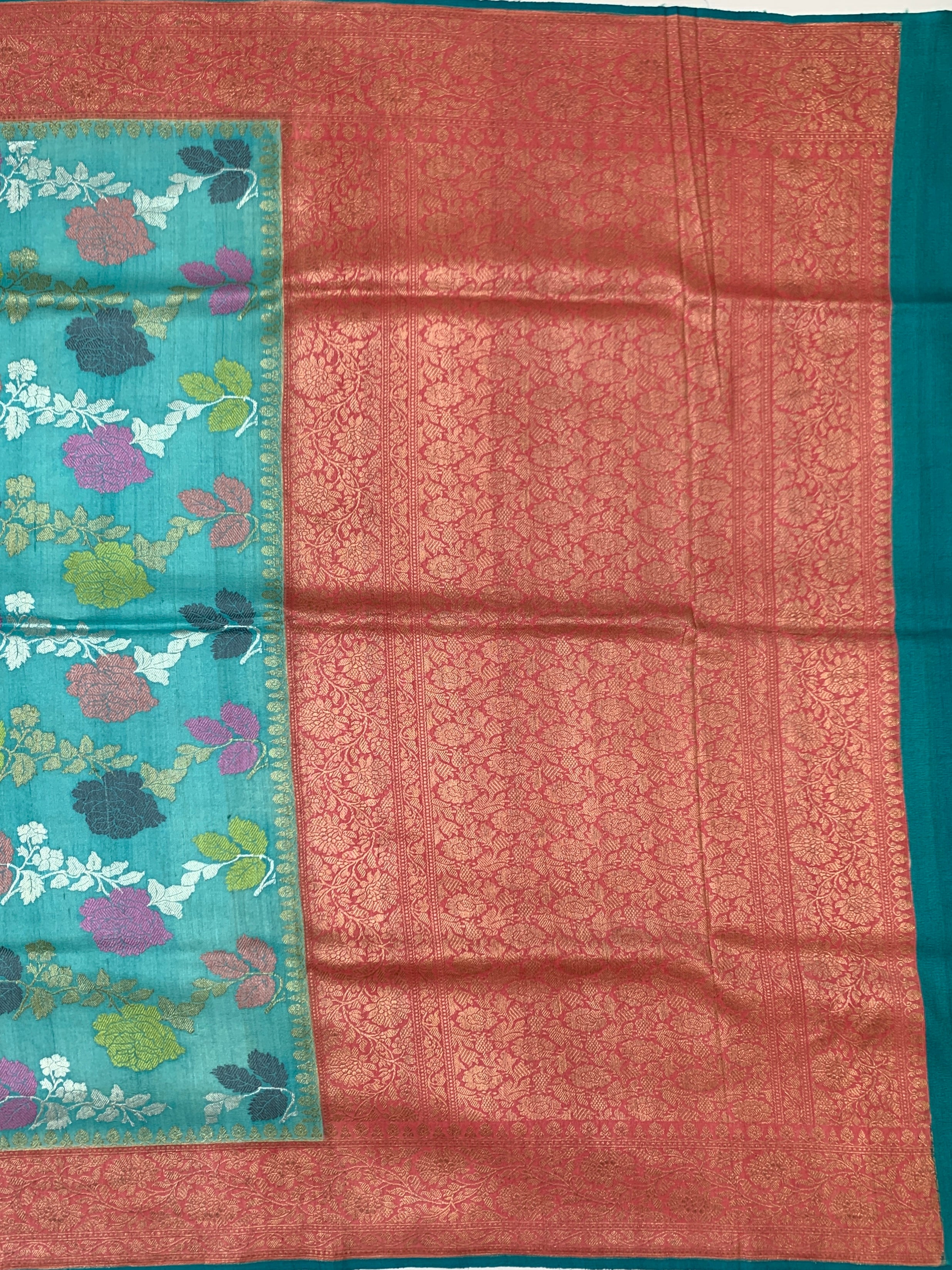 Vibrant Teal Blue Tussore Georgette Saree with Contrast Zari Brocade