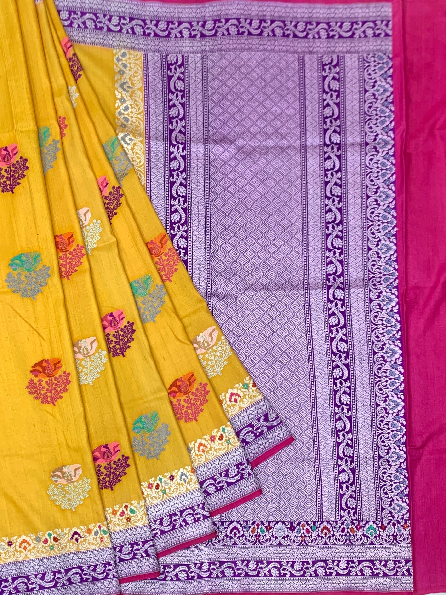 Radiant Yellow Tussore Georgette Saree with Lavender Zari Pallu