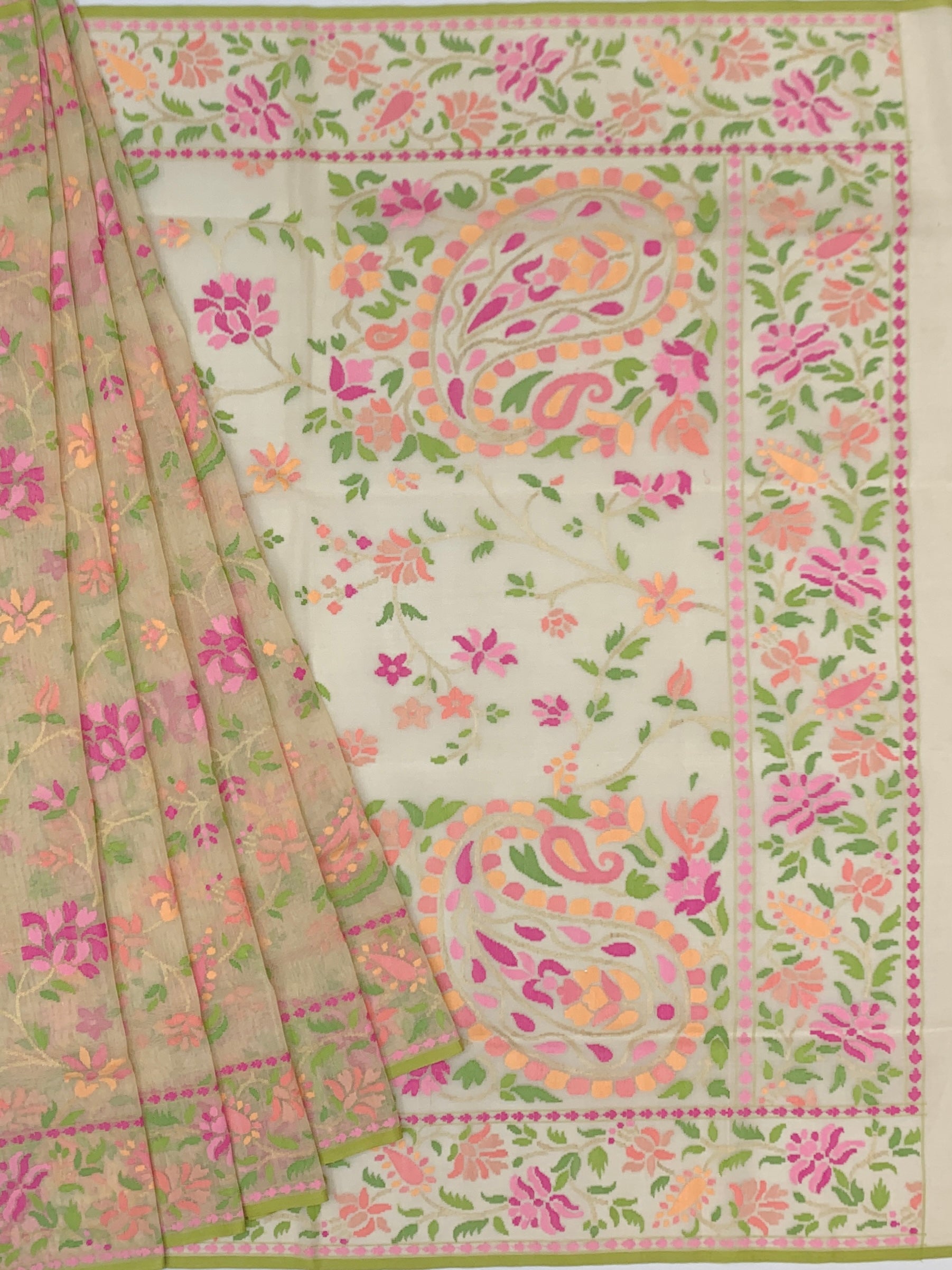 Ethereal Ivory Cotton Jamdani Saree with Vibrant Floral and Paisley Weaves
