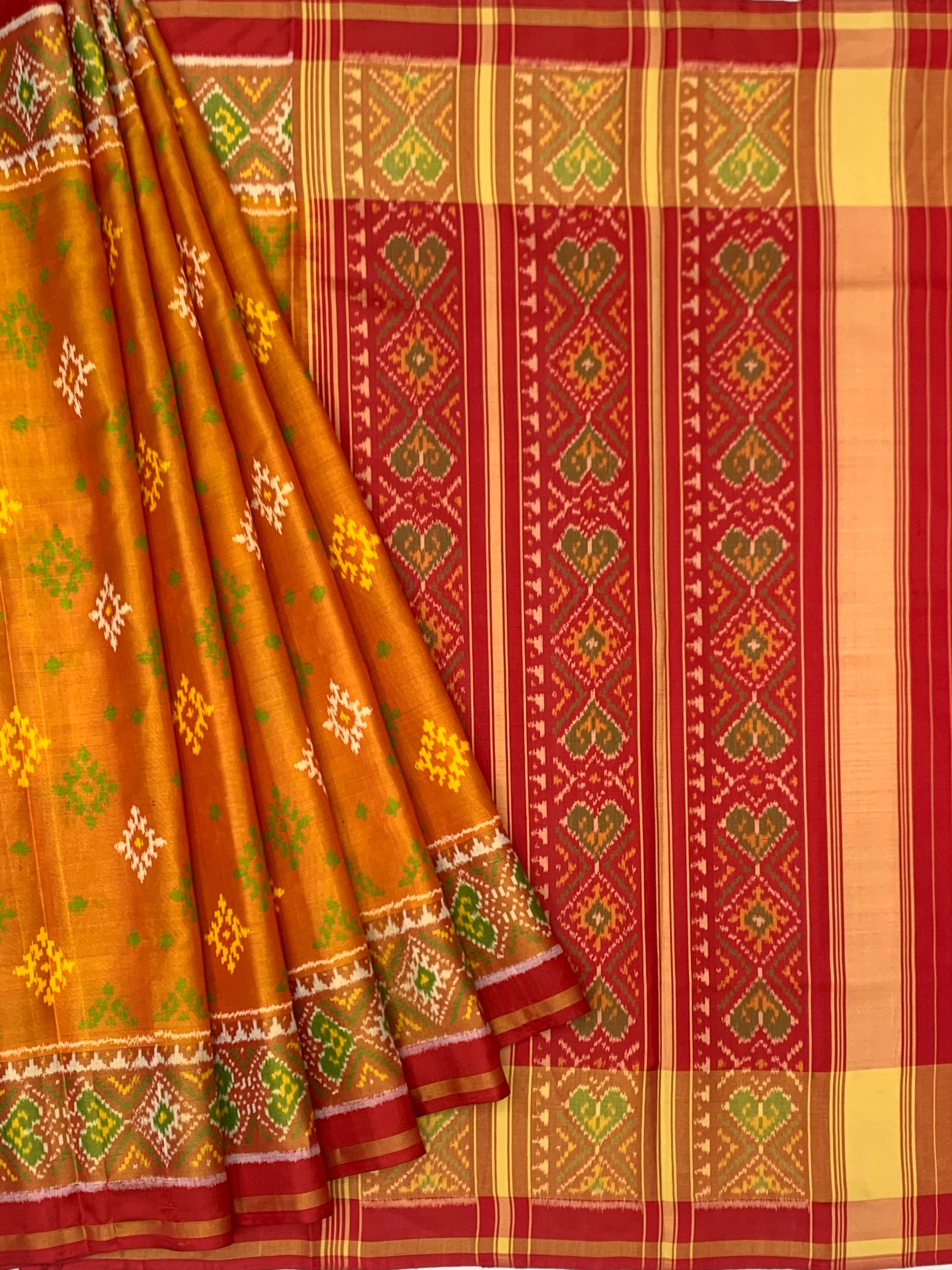 Golden Amber & Crimson Red: Geometric Buti Rajkot Patola Silk Saree