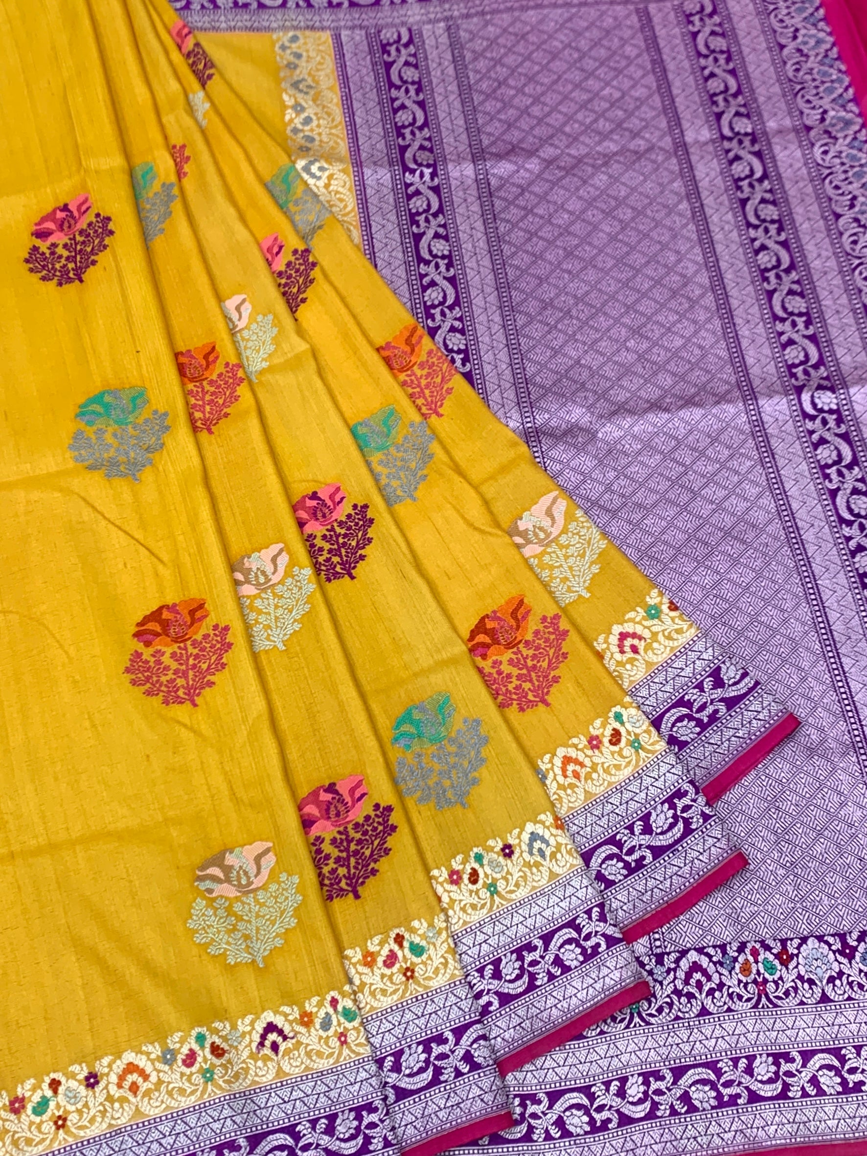 Radiant Yellow Tussore Georgette Saree with Lavender Zari Pallu