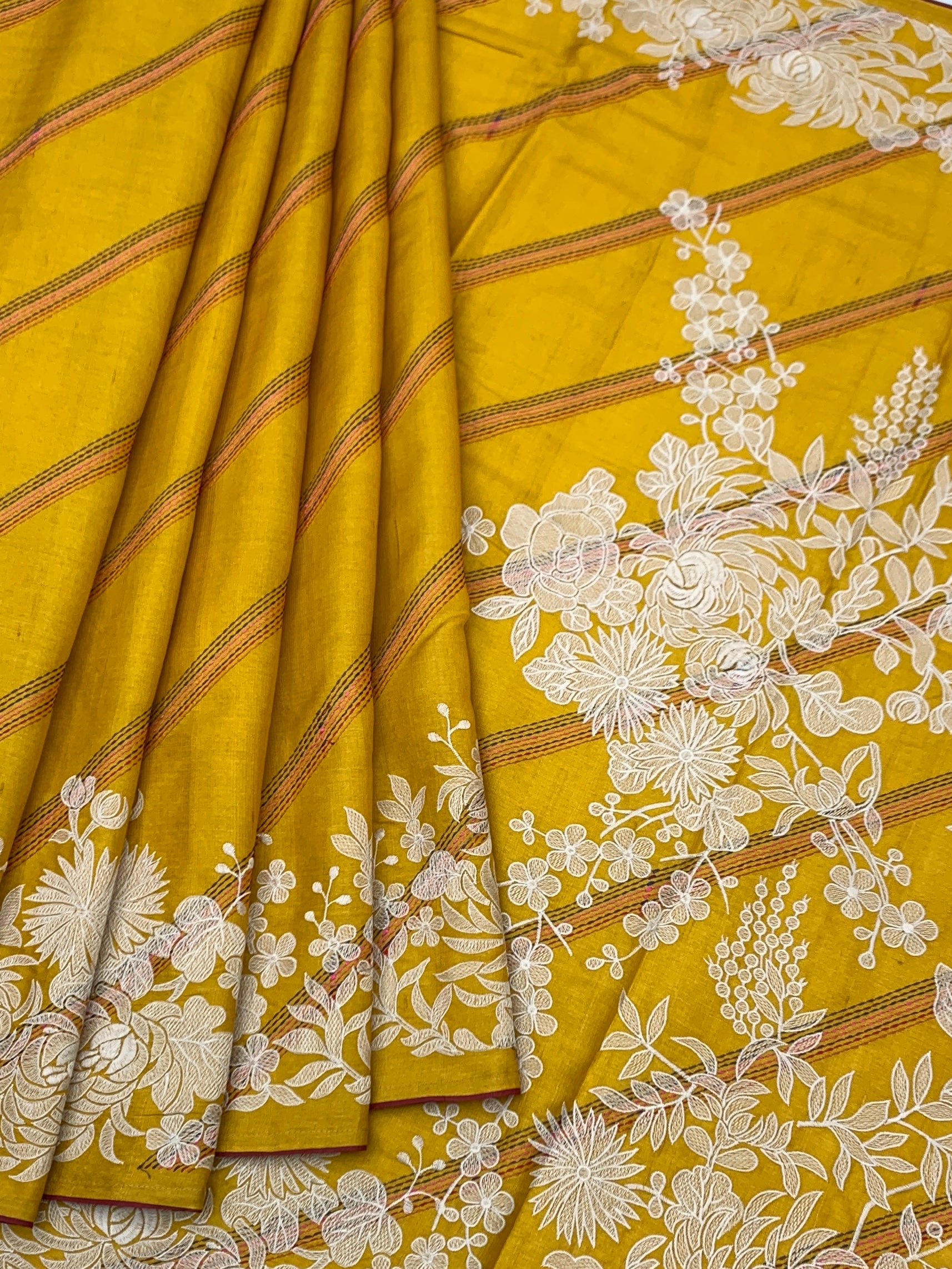 Mustard Yellow Tussore Silk Saree with Intricate Floral Threadwork