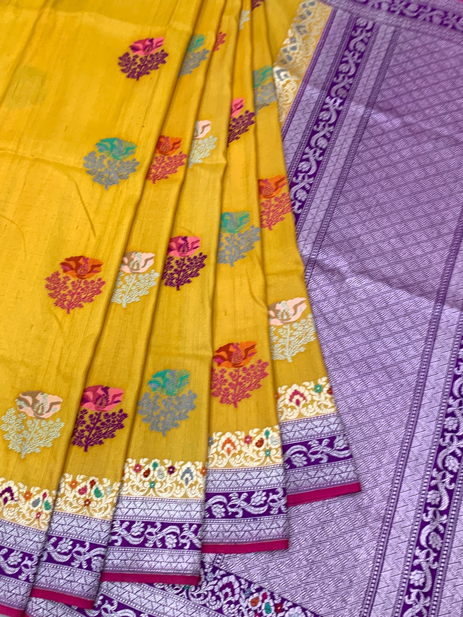 Radiant Yellow Tussore Georgette Saree with Lavender Zari Pallu