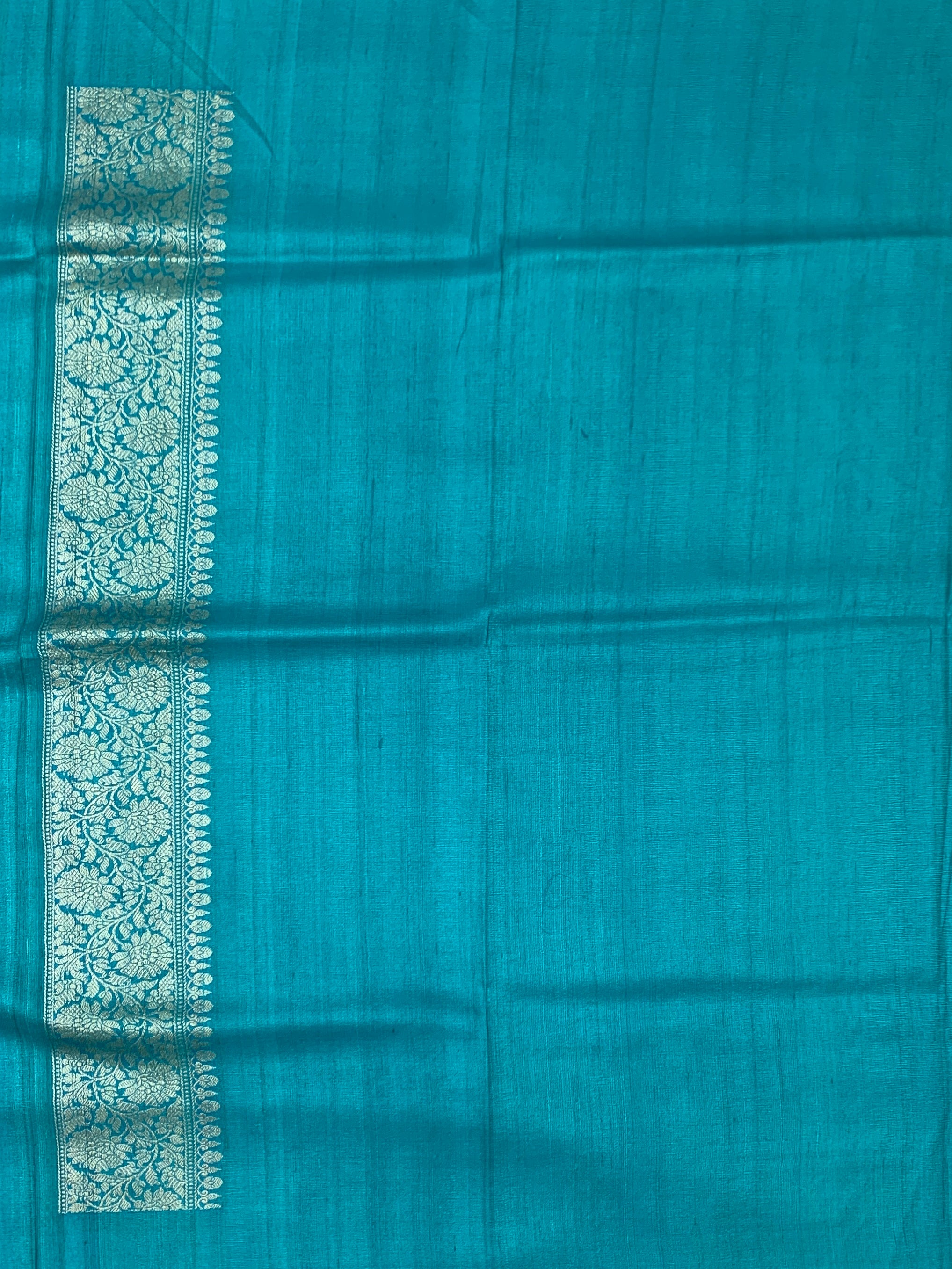 Vibrant Teal Blue Tussore Georgette Saree with Contrast Zari Brocade