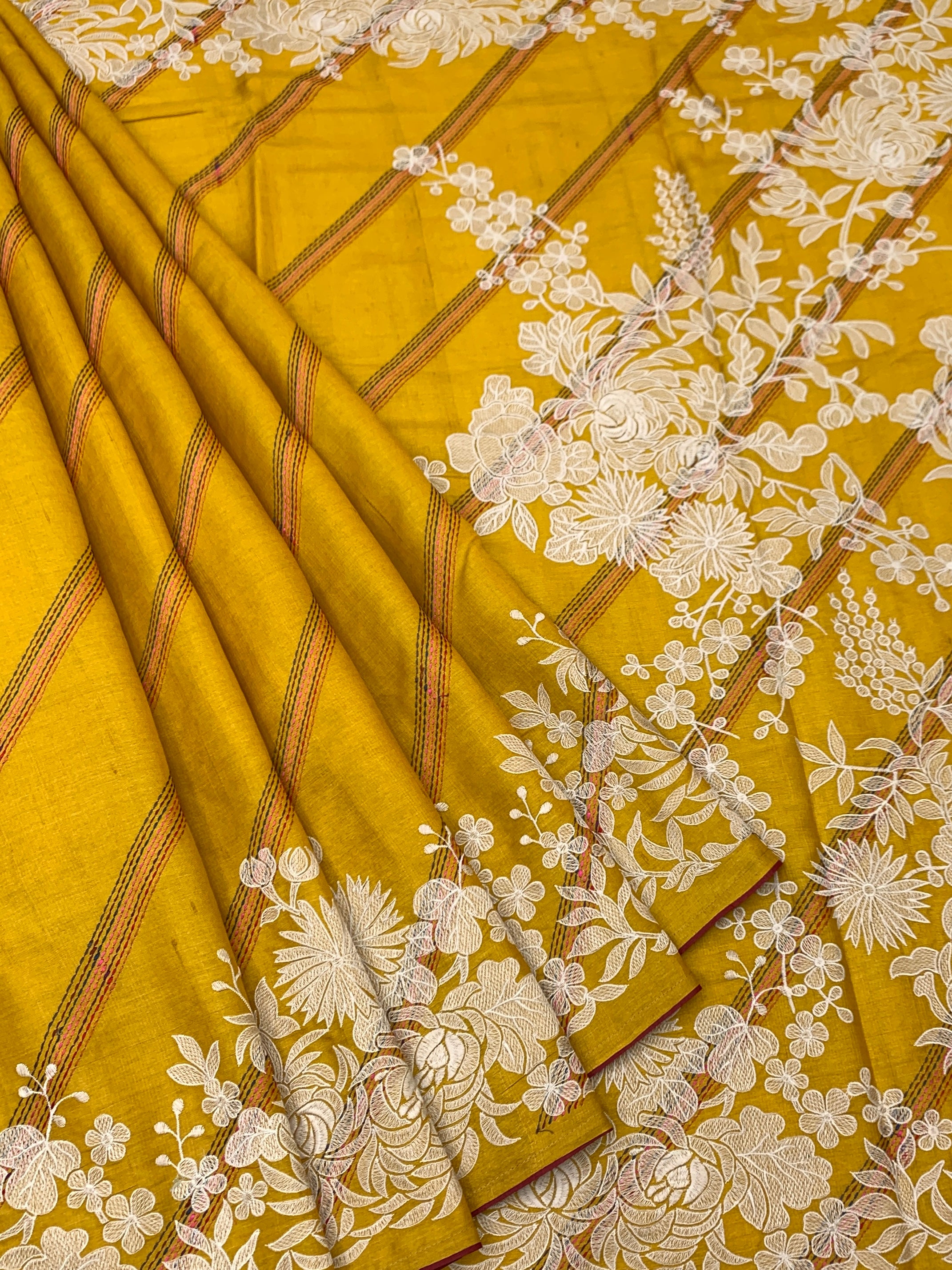 Mustard Yellow Tussore Silk Saree with Intricate Floral Threadwork