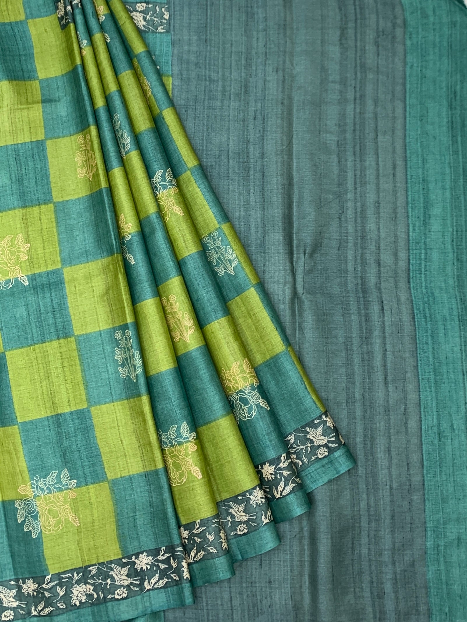 Teal & Lime Green Checked Floral Tussore Saree