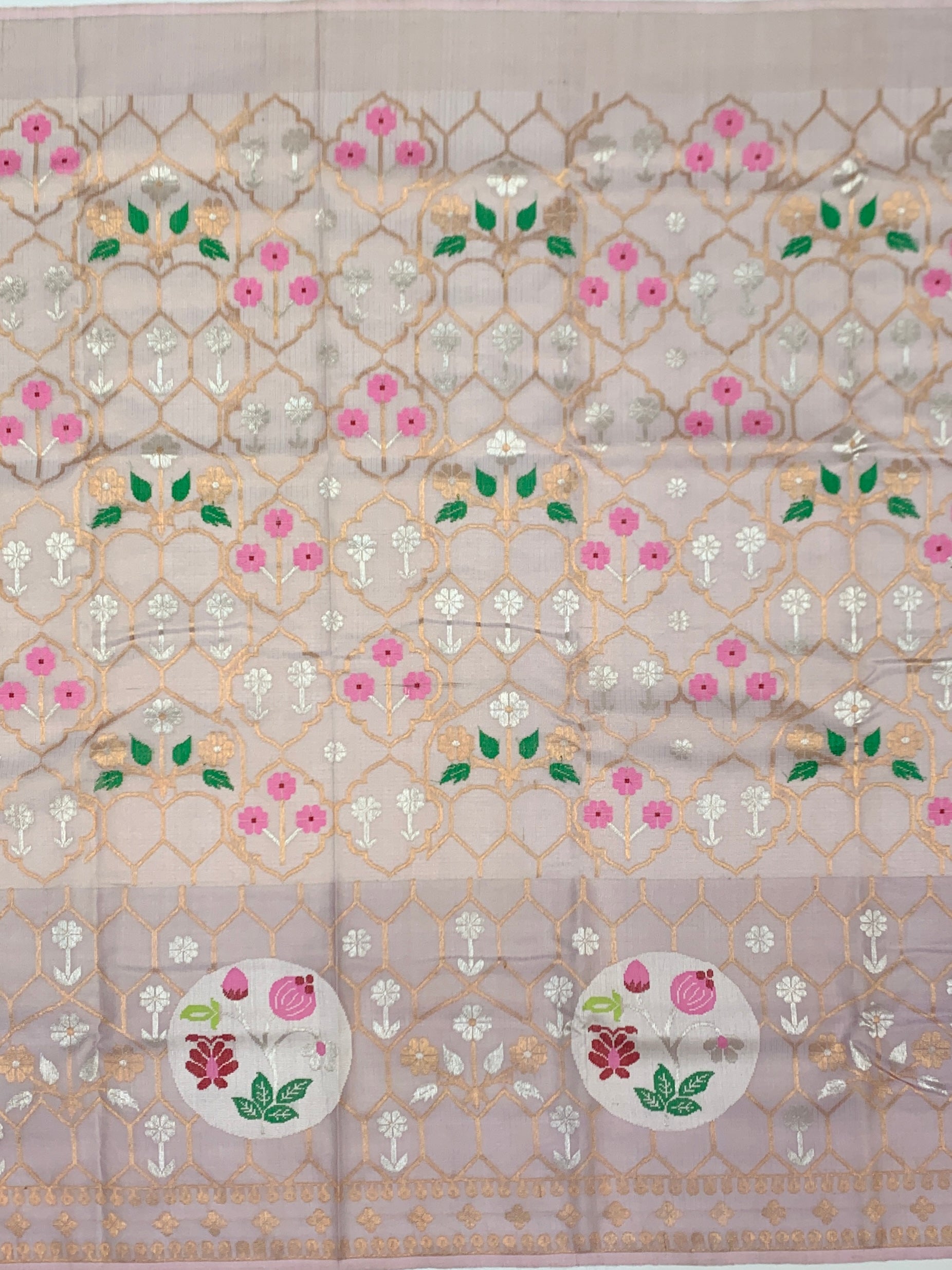 Floral Lattice Tissue Zari Kota Saree with Medallion Border