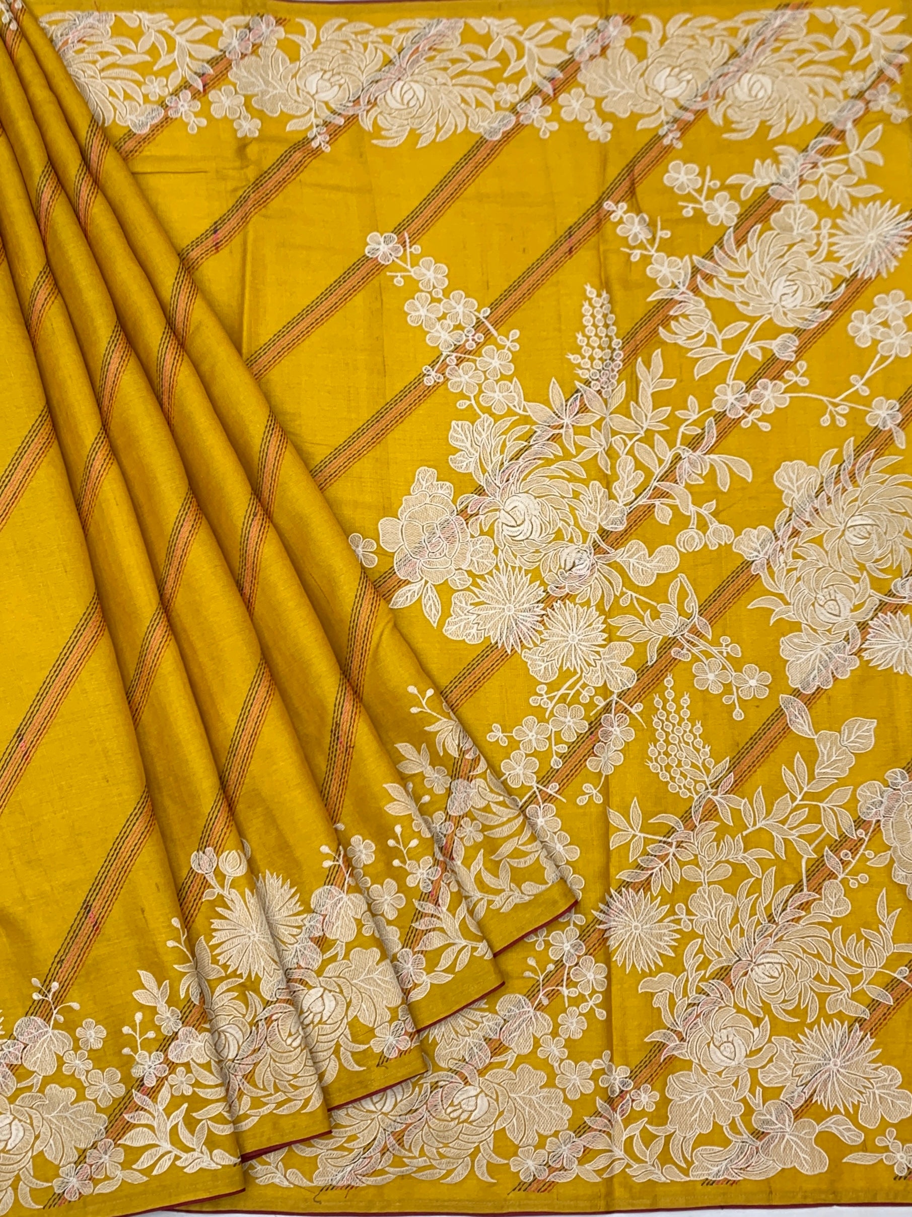 Mustard Yellow Tussore Silk Saree with Intricate Floral Threadwork