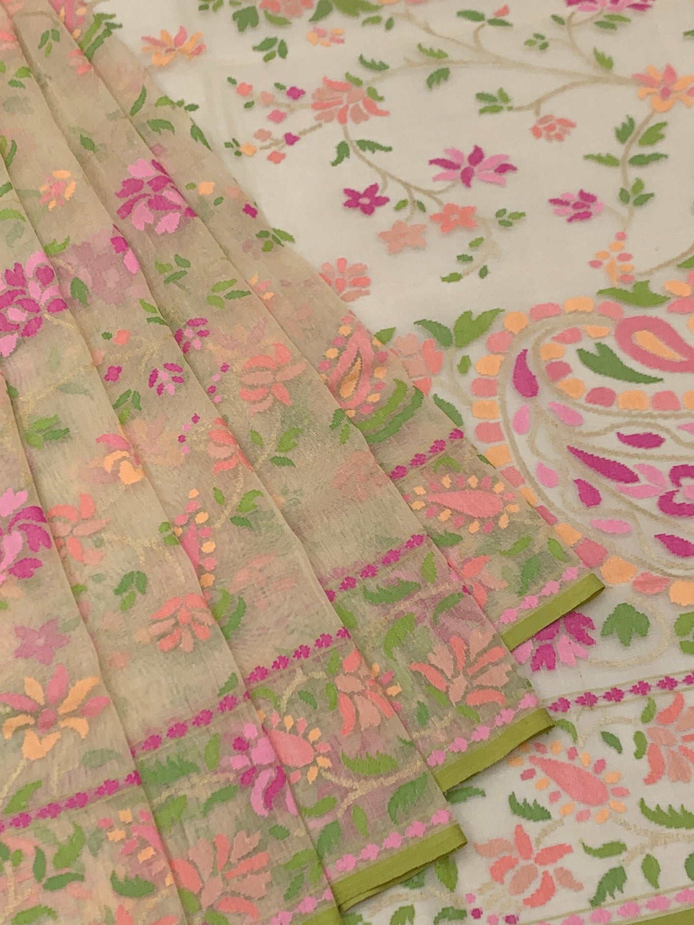 Ethereal Ivory Cotton Jamdani Saree with Vibrant Floral and Paisley Weaves