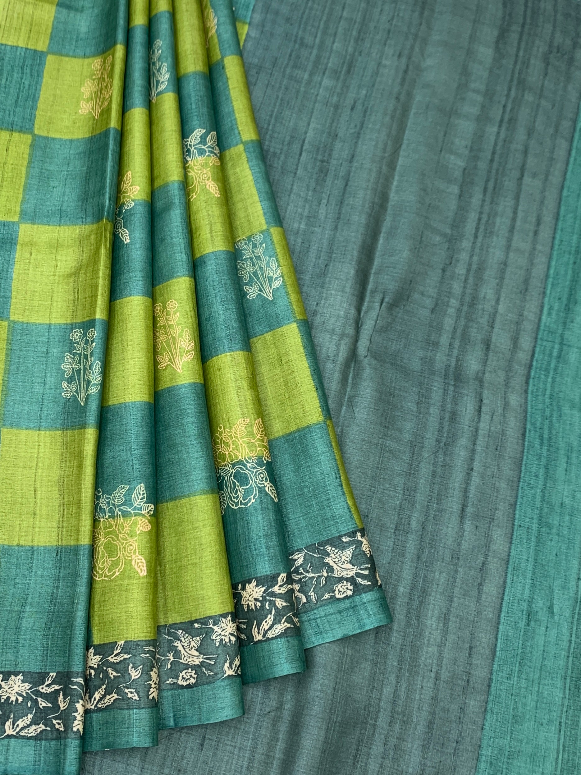 Teal & Lime Green Checked Floral Tussore Saree