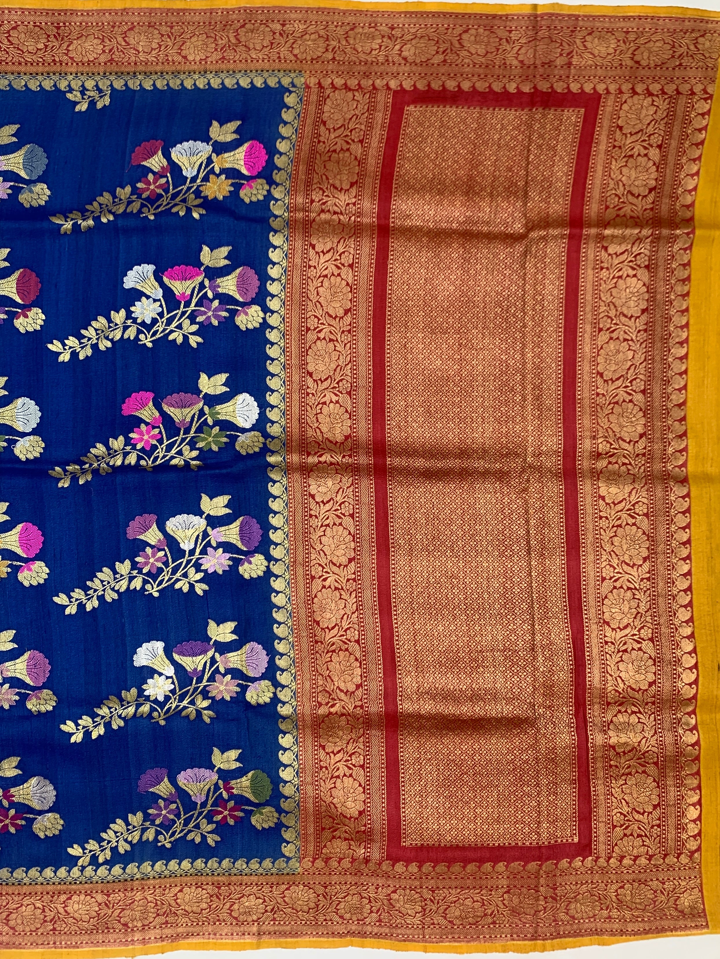 Royal Blue Tussore Georgette Saree with Mustard Yellow Blouse